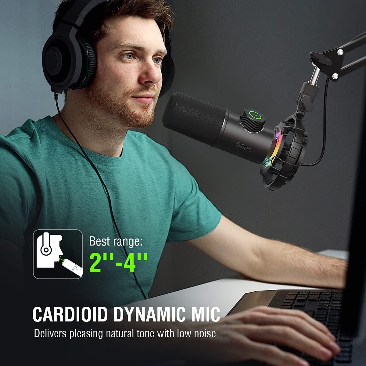 FIFINE USB Dynamic Microphone and Gaming Headset, RGB Cardioid Gaming Computer Mic with Headphone Jack, Wired Headphones with 7.1 Surround Sound for Streaming Podcast Twitch YouTube Discord (K658+H6)