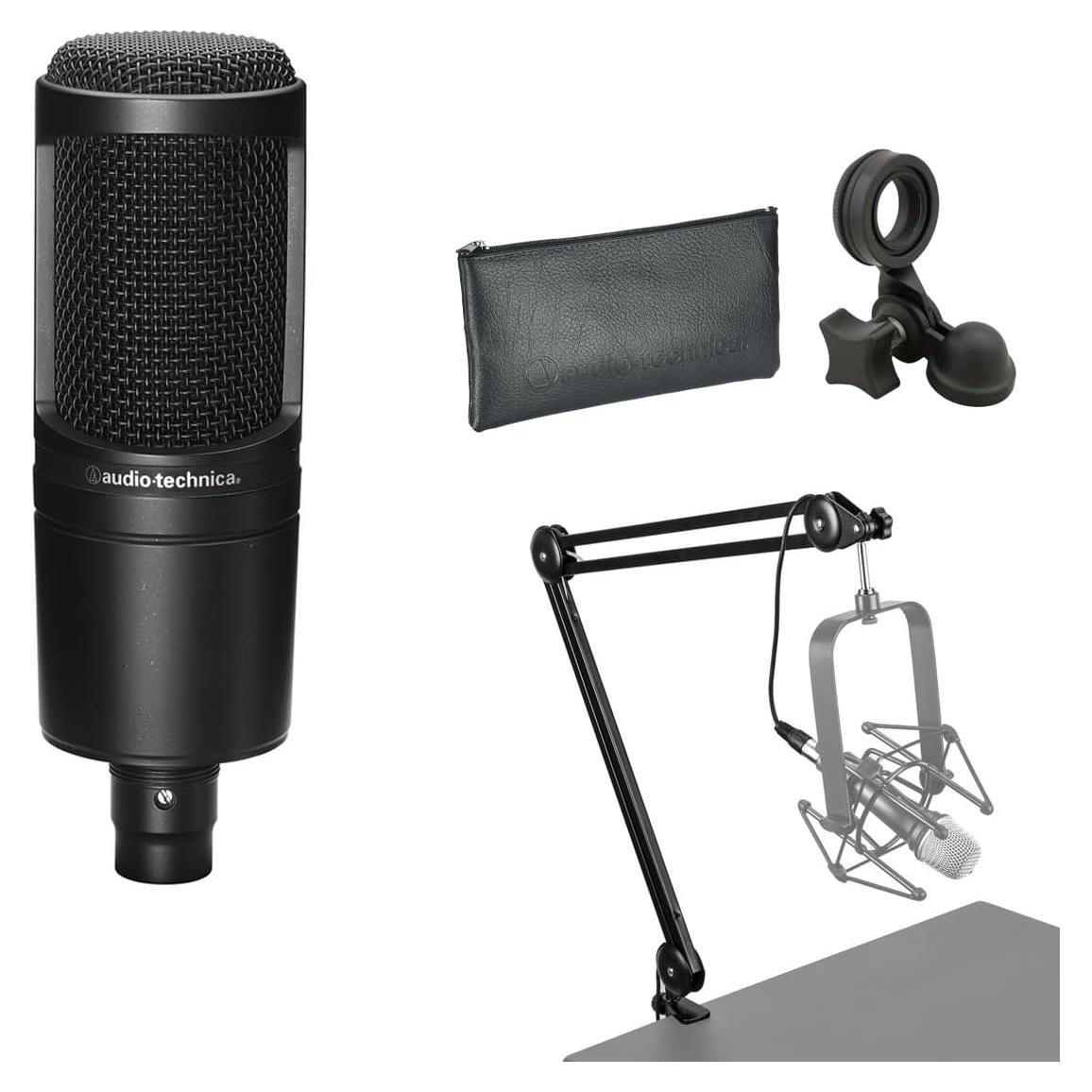 Micrófono de condensador cardioide Audio-Technica AT2020 con brazo y cable XLR