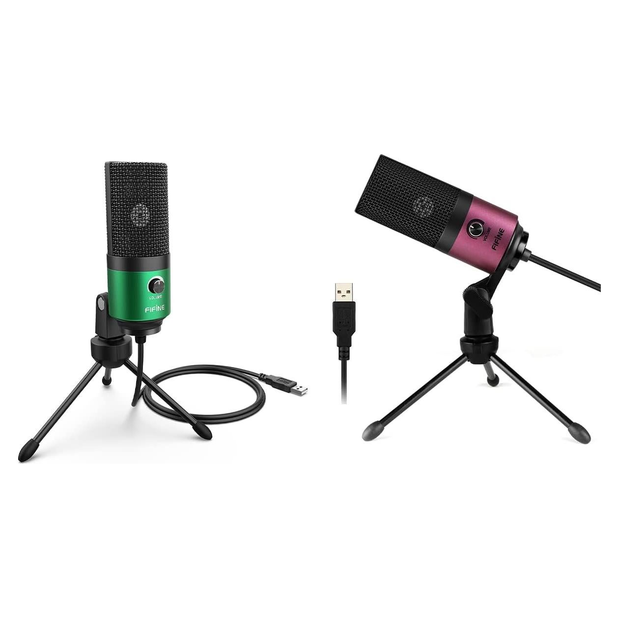 FIFINE Recording Microphone and Pink Podcast Mic, USB PC Computer Microphone with Gain Control for Streaming,Gaming, Broadcast, Voice Over,YouTube Video, Home Studio-Green/Pink (K669G+K669)