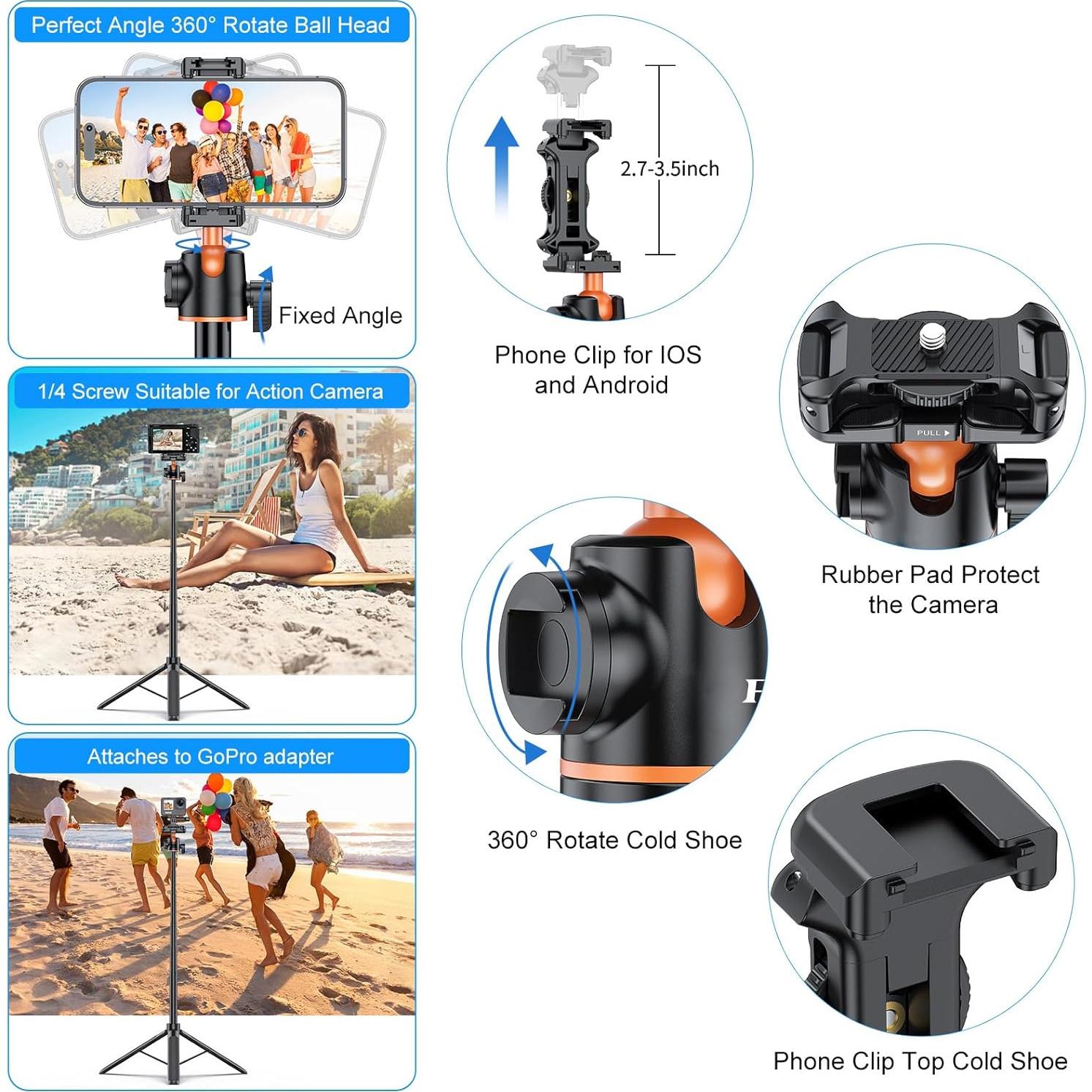 Trípode de Selfie YicDofu 140 cm Ajustable con Cabeza 360°