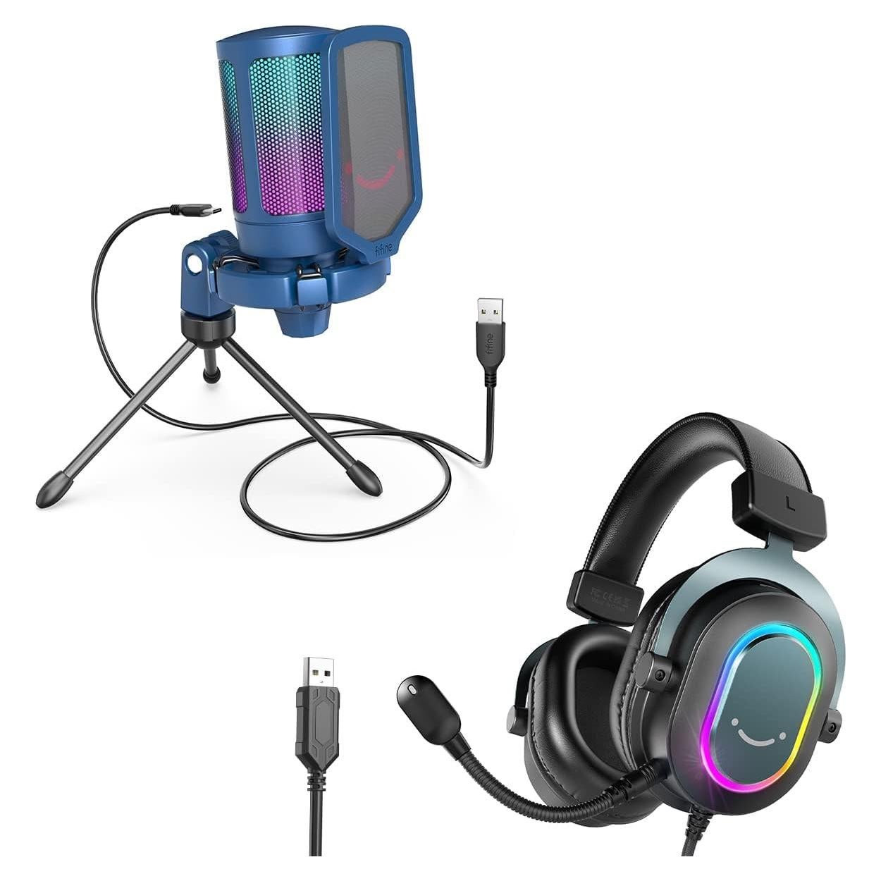 FIFINE Condenser Microphone and USB Gaming Headset Bundle, Streaming PC Computer Mic with RGB for Video, Wired USB Headset Set with 7.1 Surround Sound for PS4/PS5 (A6B+H6)