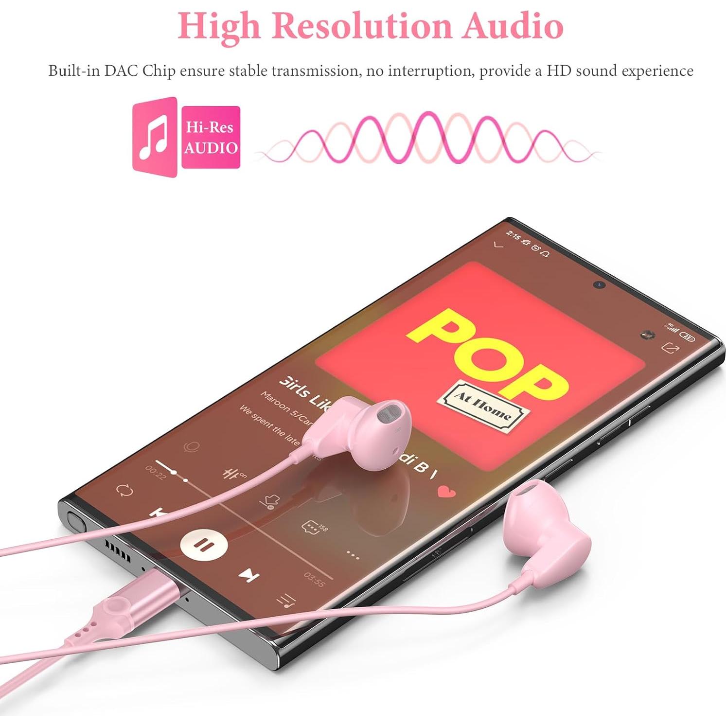 Auriculares USB C APETOO Rosa con Micrófono y Control de Volumen