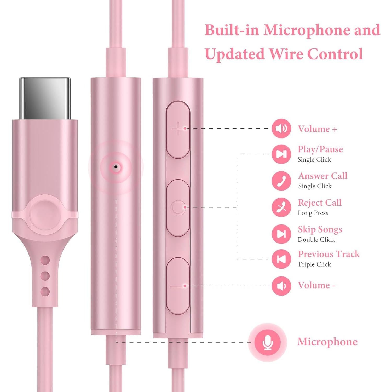 Auriculares USB C APETOO Rosa con Micrófono y Control de Volumen