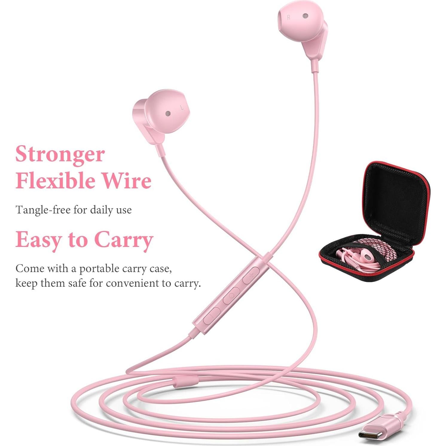 Auriculares USB C APETOO Rosa con Micrófono y Control de Volumen