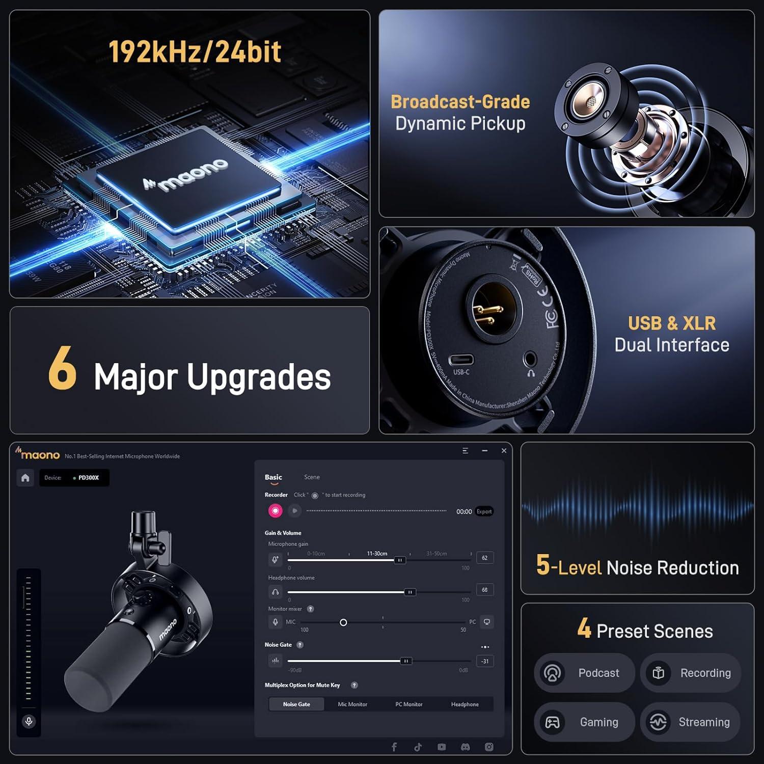 Paquete de Podcast MAONO: Micrófono Dinámico USB/XLR PD300X