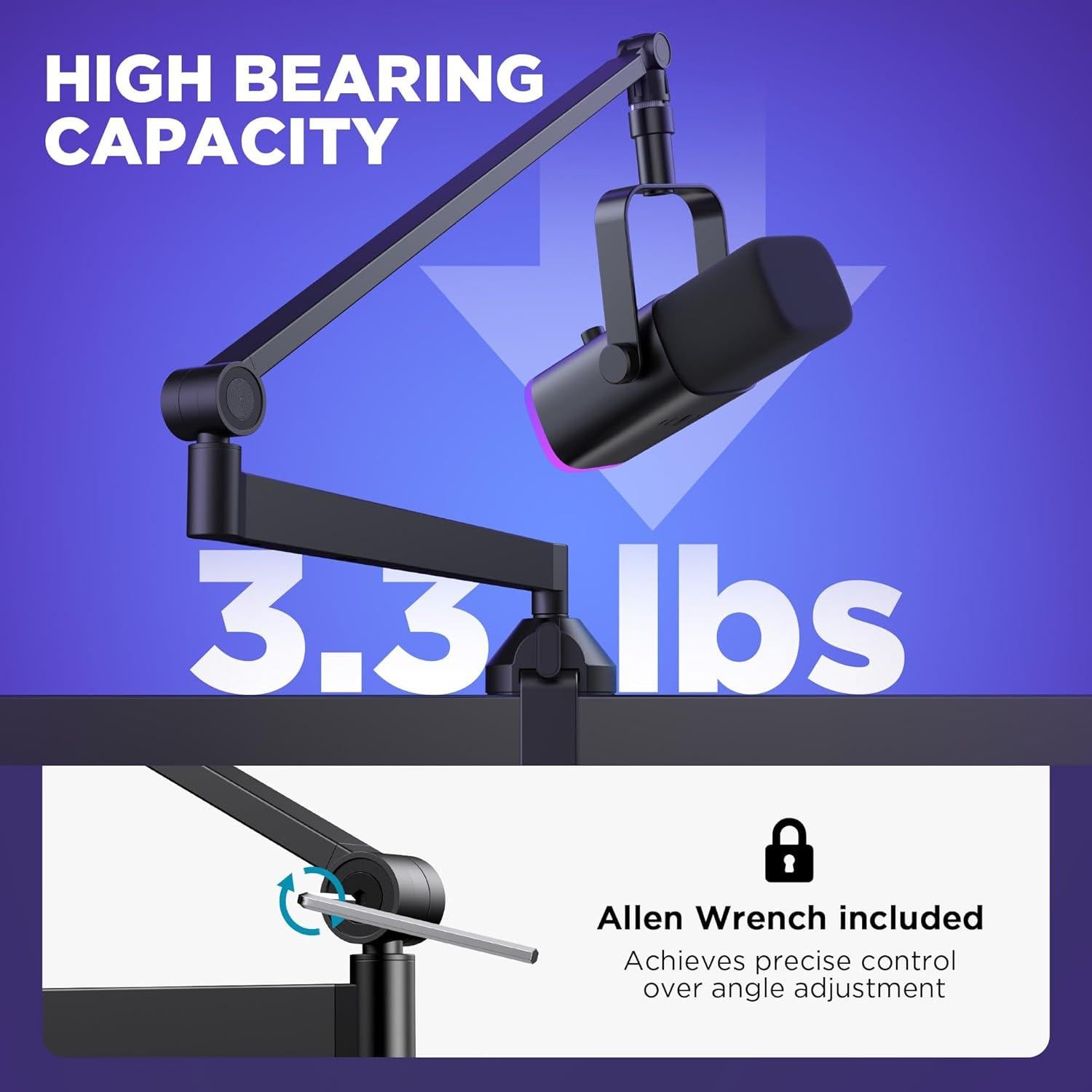 Low Profile Mic Arm, 360° Rotatable Microphone Arm Stand Foldable Desk Mic Boom Arm with 3/8" to 5/8" Adapter for Fifine AM8 K669B Blue Yeti HyperX QuadCast SoloCast AT2020 and Other Mics