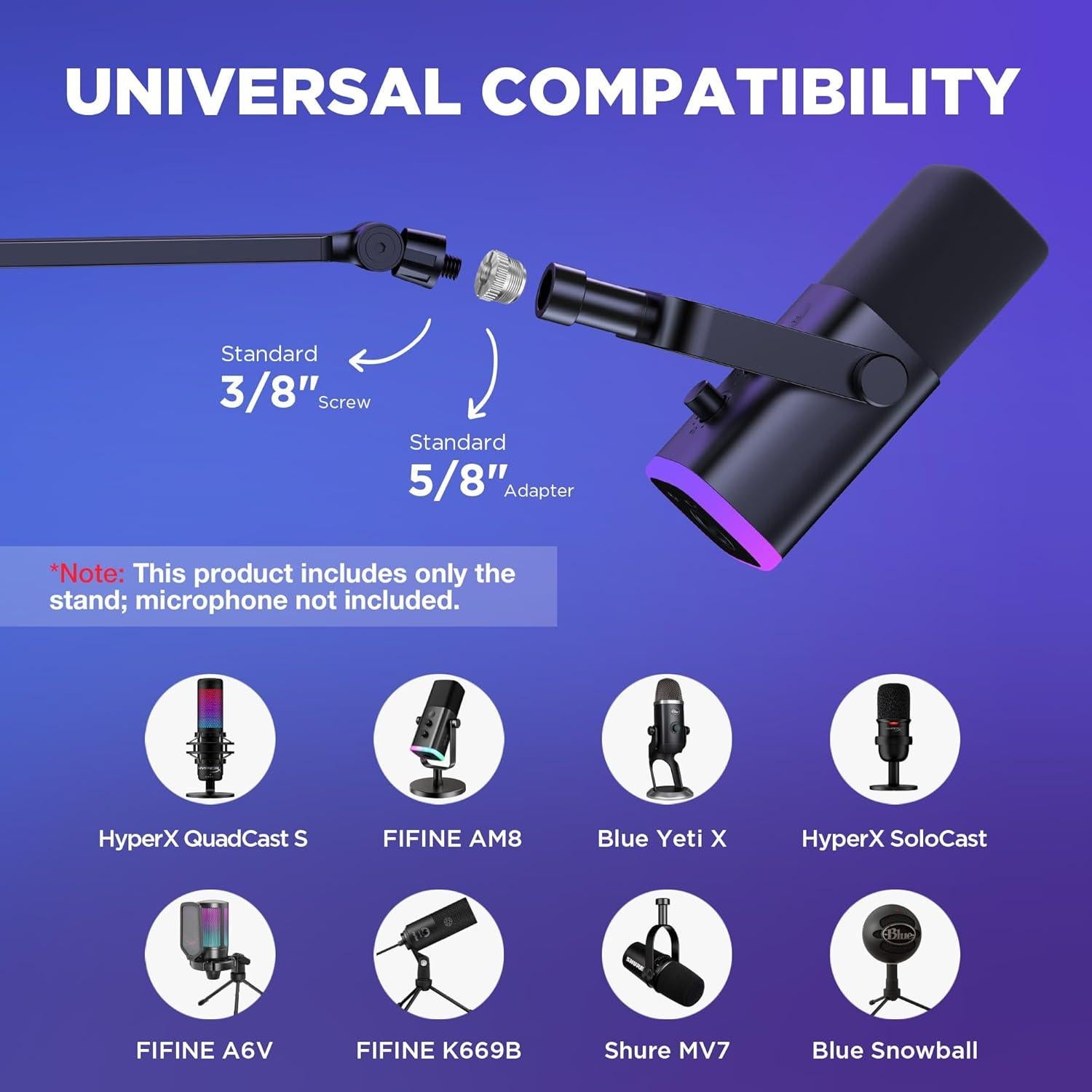 Low Profile Mic Arm, 360° Rotatable Microphone Arm Stand Foldable Desk Mic Boom Arm with 3/8" to 5/8" Adapter for Fifine AM8 K669B Blue Yeti HyperX QuadCast SoloCast AT2020 and Other Mics