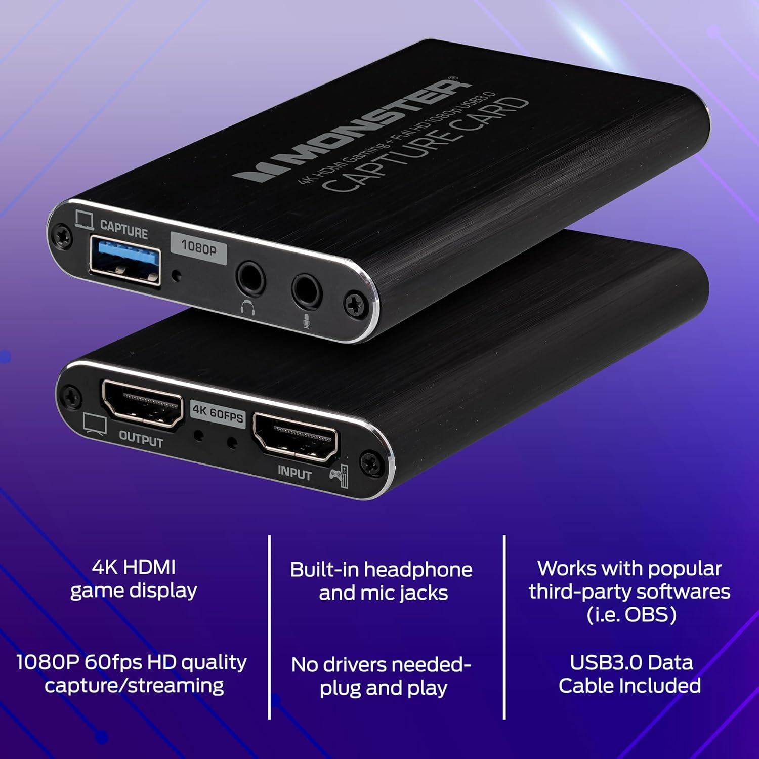 Capture Card, 4K 60FPS Game Play, 1080p 60FPS Capture & Streaming, HDMI Input, HDMI/USB 3.0 Output, Microphone & Headphone Input/Output Ports, Record & Stream Videos for PC, Switch, Xbox, PS5