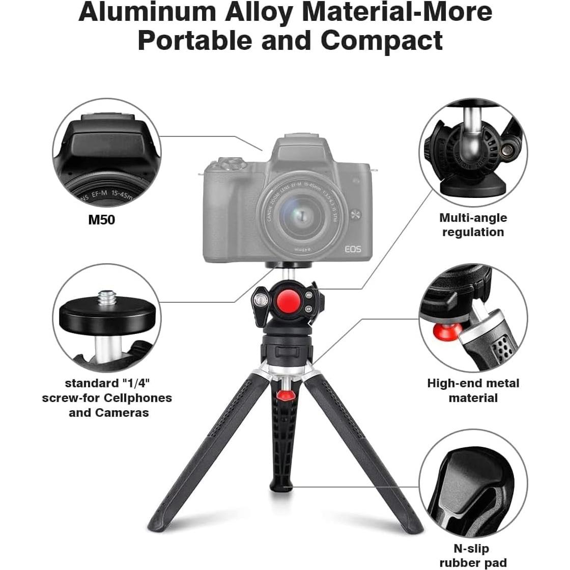 Mini Tripod - 3 in 1 Portable Phone & Camera Tripod Stand for Vlogging & Video Recording, Compatible with iPhone, GoPro, Canon M50