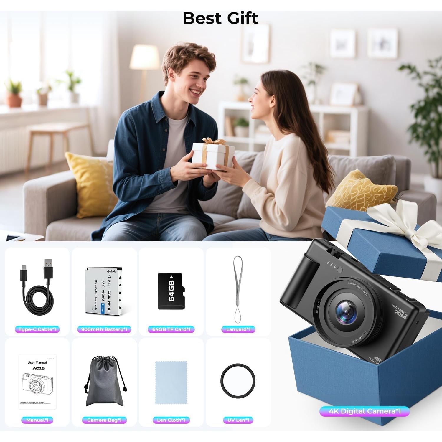 Cámara Digital 4K CAMWORLD AC18AA 72MP Zoom 18x Pantalla 2.8"