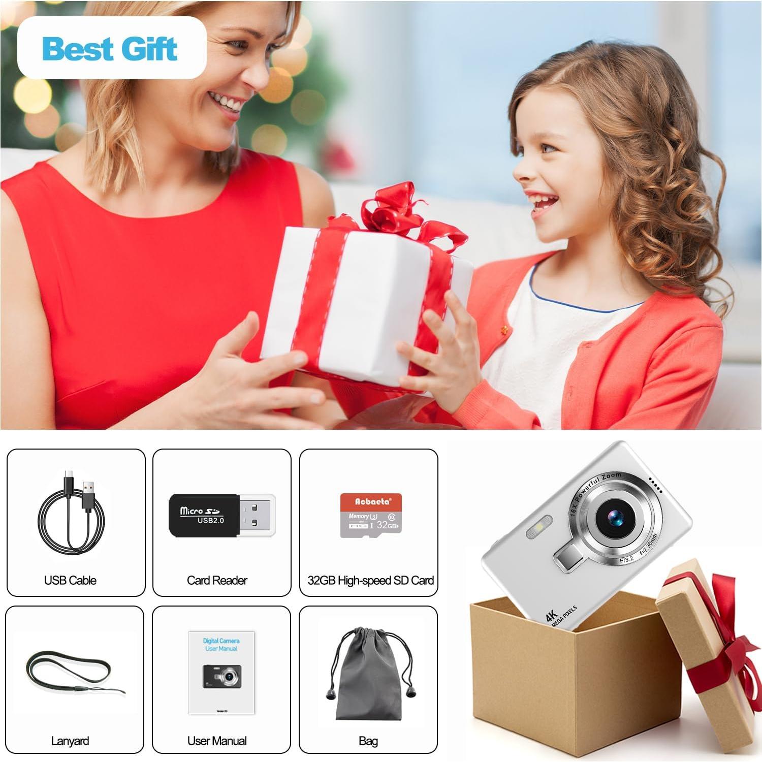 Cámara Digital Acbaeta Q12 Pro 50MP 4K Compacta Plata