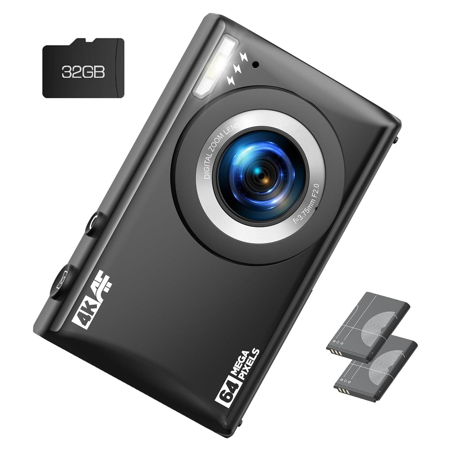 4K Digital Camera for Vlog 64MP Autofocus 32GB Card, Point and Shoot Digital Cameras with 18X Digital Zoom, 2 Batteries, Compact Travel Camera for Teens Boys Girls Kids Black