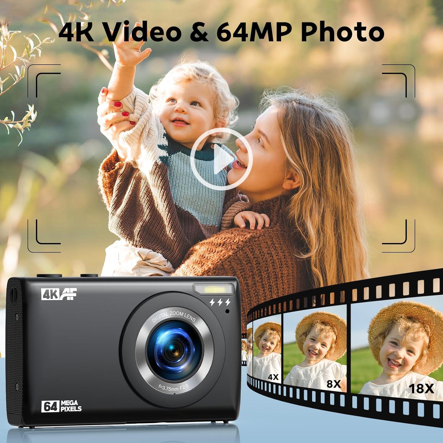 4K Digital Camera for Vlog 64MP Autofocus 32GB Card, Point and Shoot Digital Cameras with 18X Digital Zoom, 2 Batteries, Compact Travel Camera for Teens Boys Girls Kids Black
