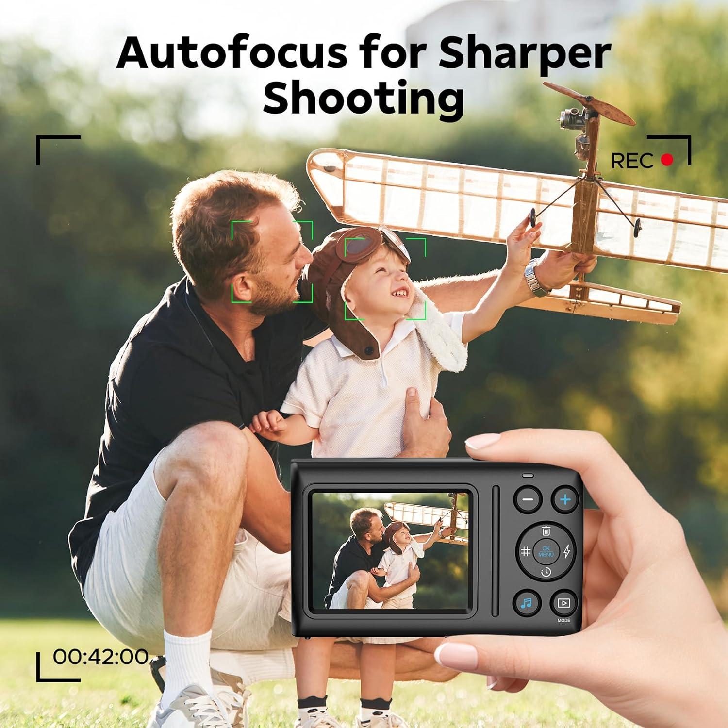 4K Digital Camera for Vlog 64MP Autofocus 32GB Card, Point and Shoot Digital Cameras with 18X Digital Zoom, 2 Batteries, Compact Travel Camera for Teens Boys Girls Kids Black