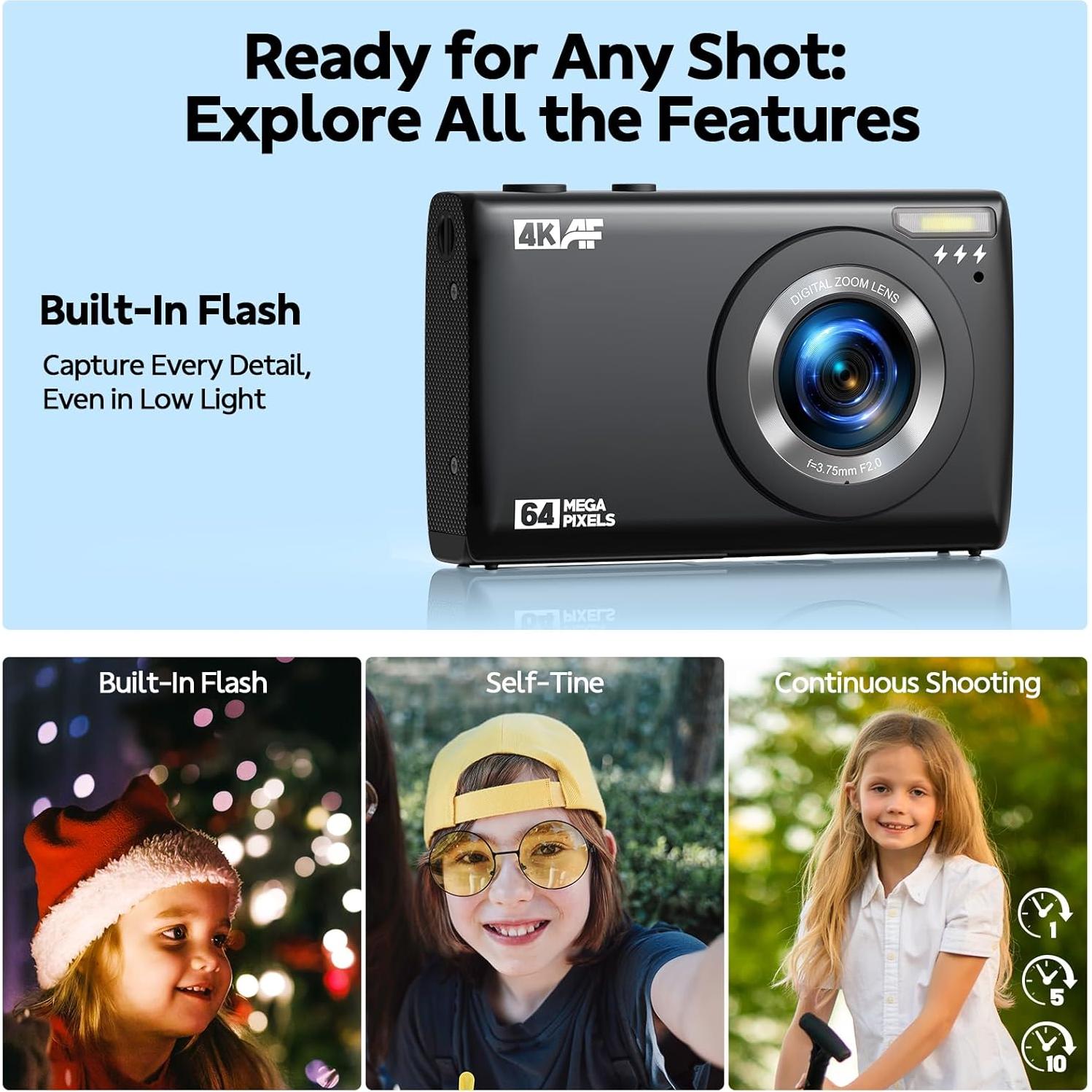 4K Digital Camera for Vlog 64MP Autofocus 32GB Card, Point and Shoot Digital Cameras with 18X Digital Zoom, 2 Batteries, Compact Travel Camera for Teens Boys Girls Kids Black
