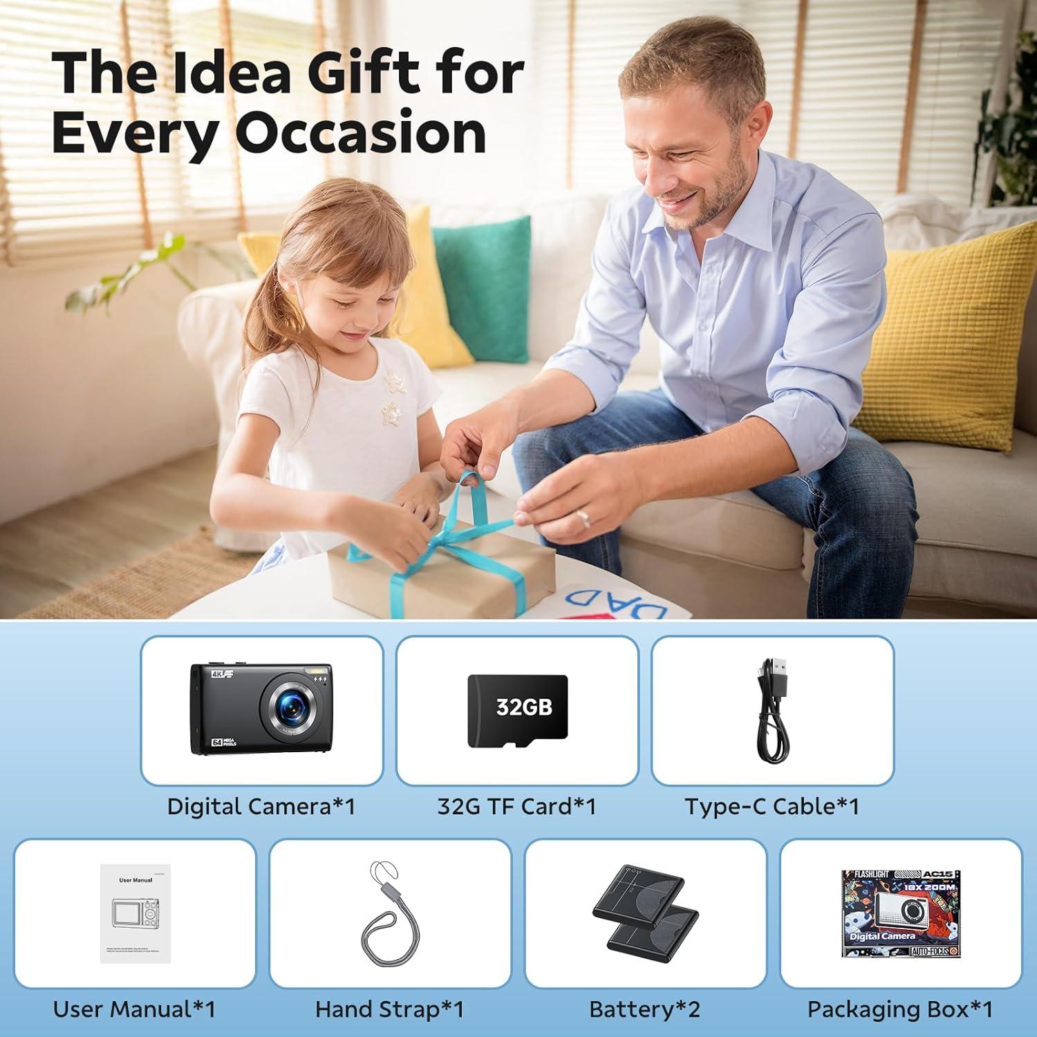 4K Digital Camera for Vlog 64MP Autofocus 32GB Card, Point and Shoot Digital Cameras with 18X Digital Zoom, 2 Batteries, Compact Travel Camera for Teens Boys Girls Kids Black