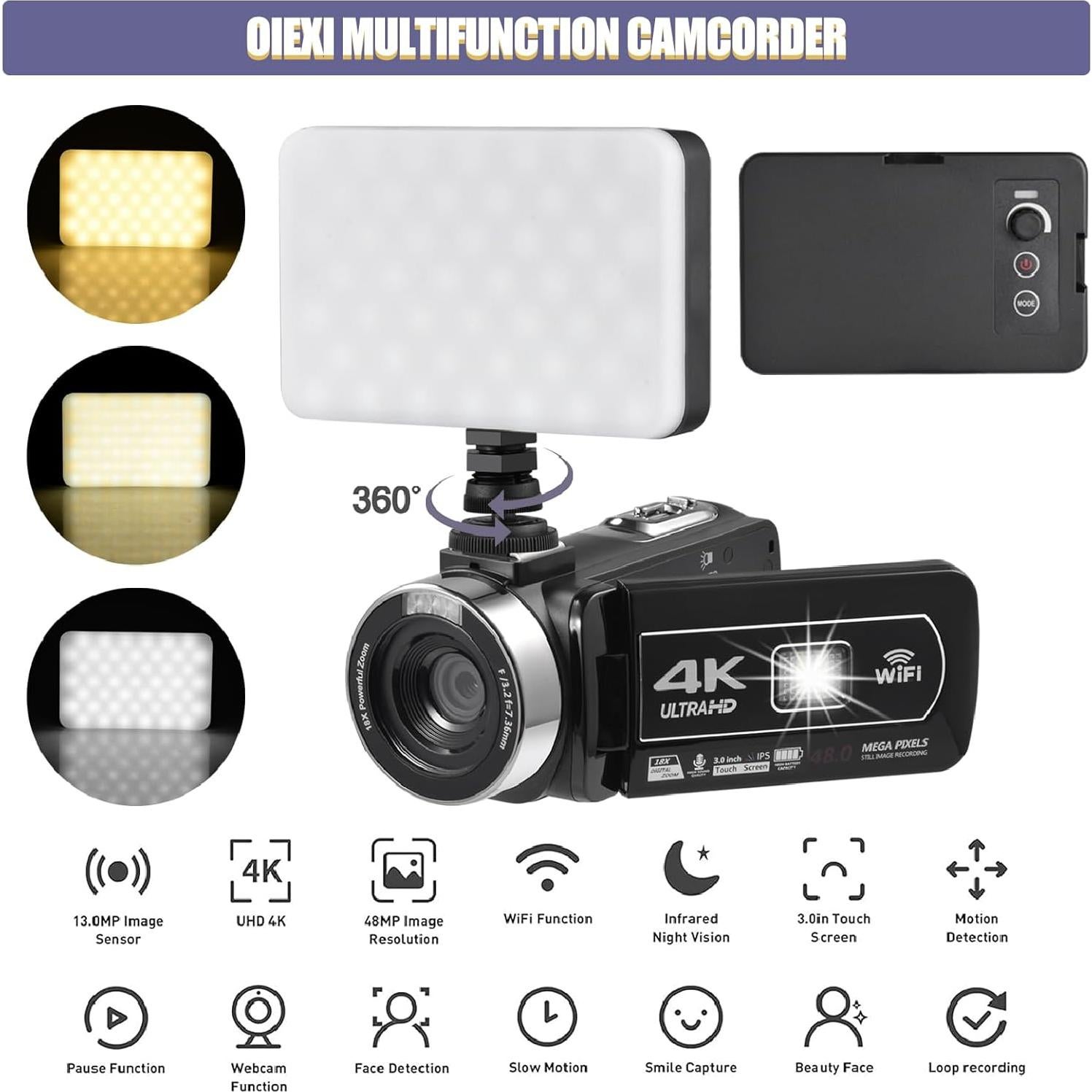 Cámara de Video 4K OIEXI con Visión Nocturna y Pantalla Táctil