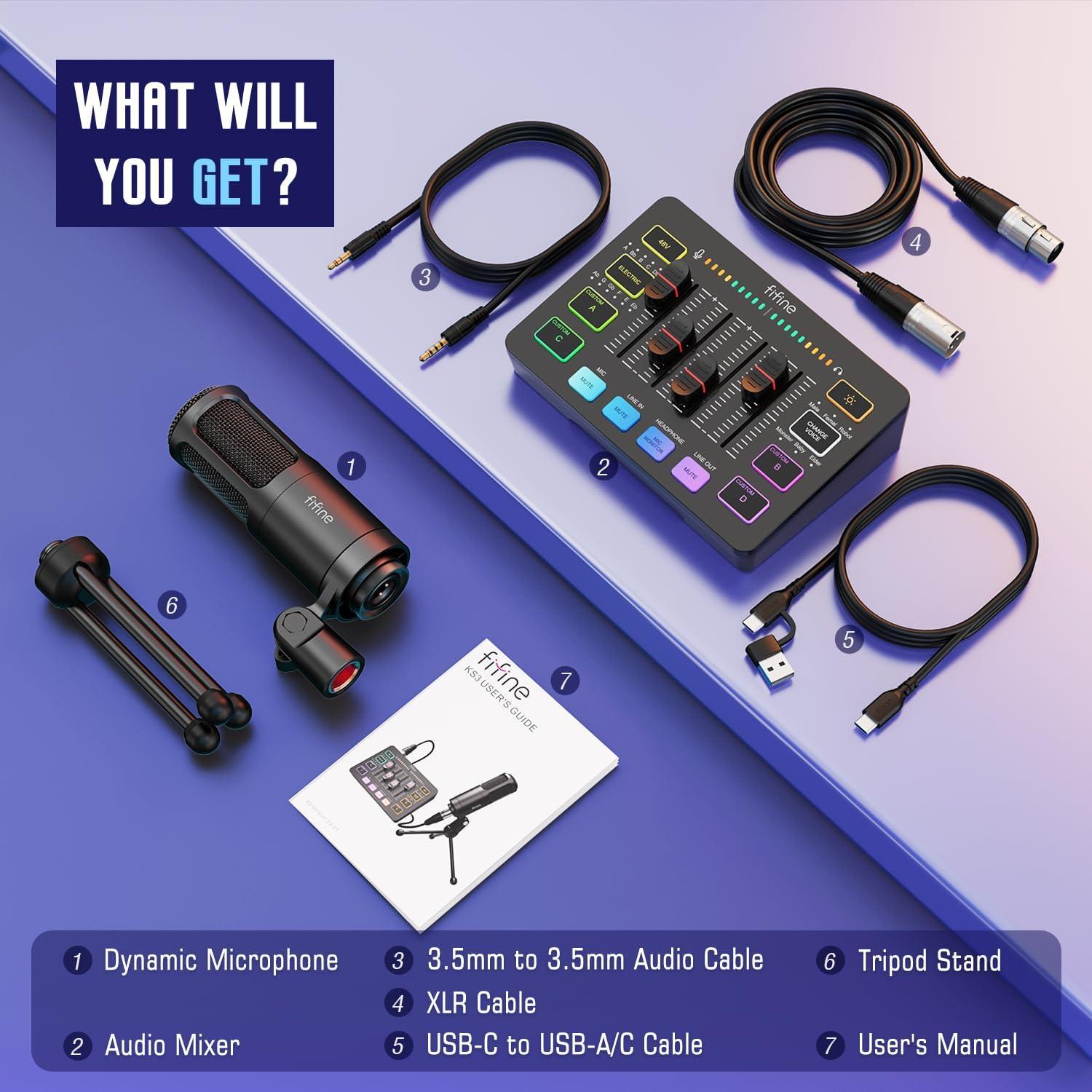 Kit de Audio FIFINE KS3 para Gaming y Podcast - Mezclador RGB y Micrófono XLR