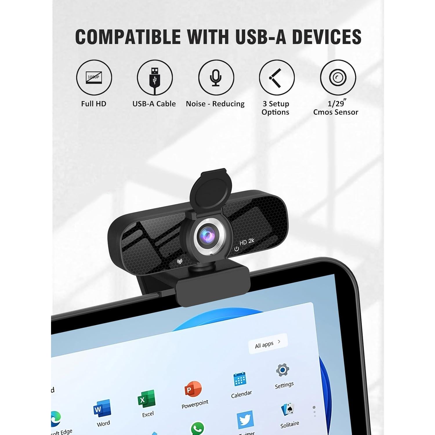 Full HD Webcam with Built-in Microphone and Rotatable Tripod, 2K Video and Wide Angle Camera, Privacy Cover, for Desktop PC or Laptop Computer