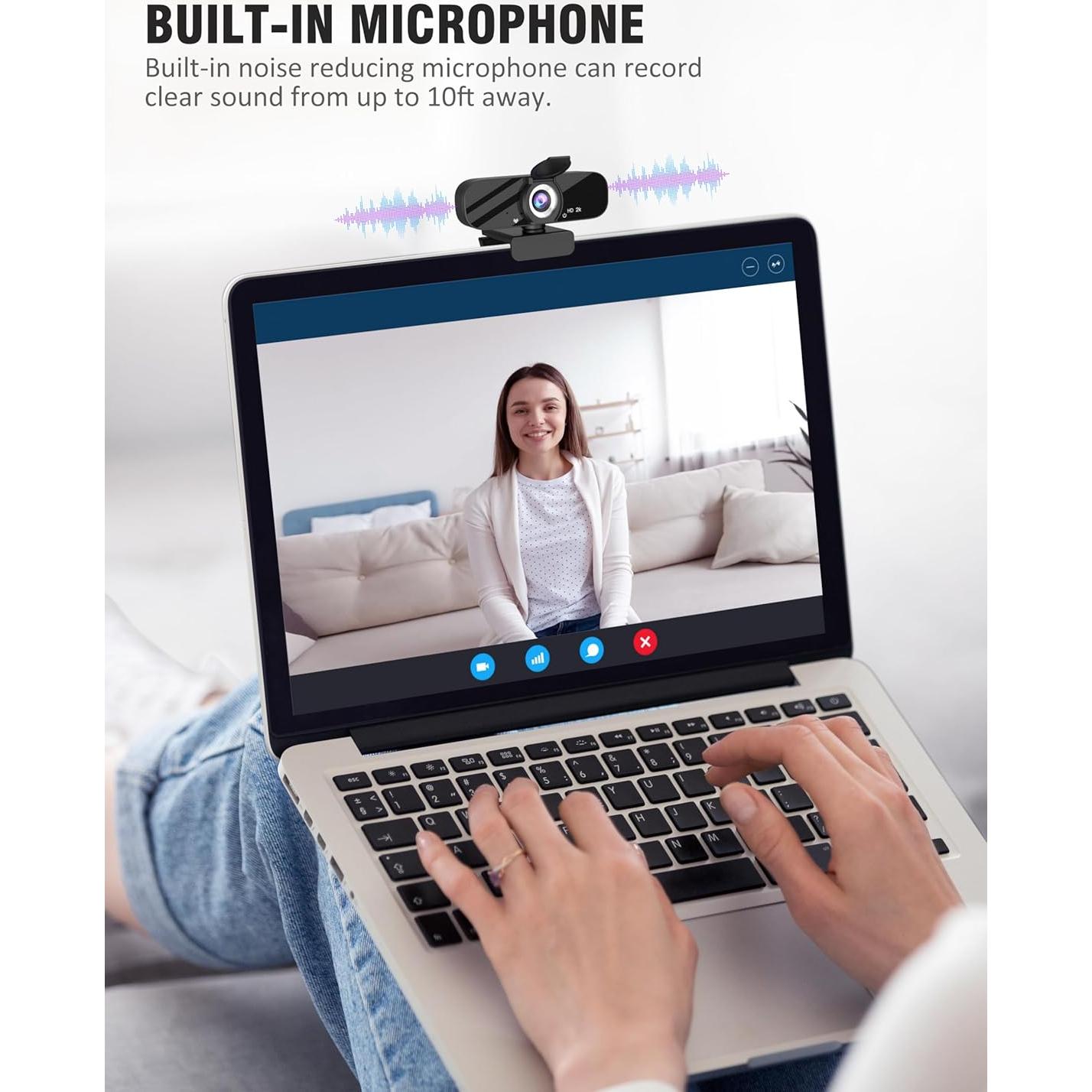 Full HD Webcam with Built-in Microphone and Rotatable Tripod, 2K Video and Wide Angle Camera, Privacy Cover, for Desktop PC or Laptop Computer