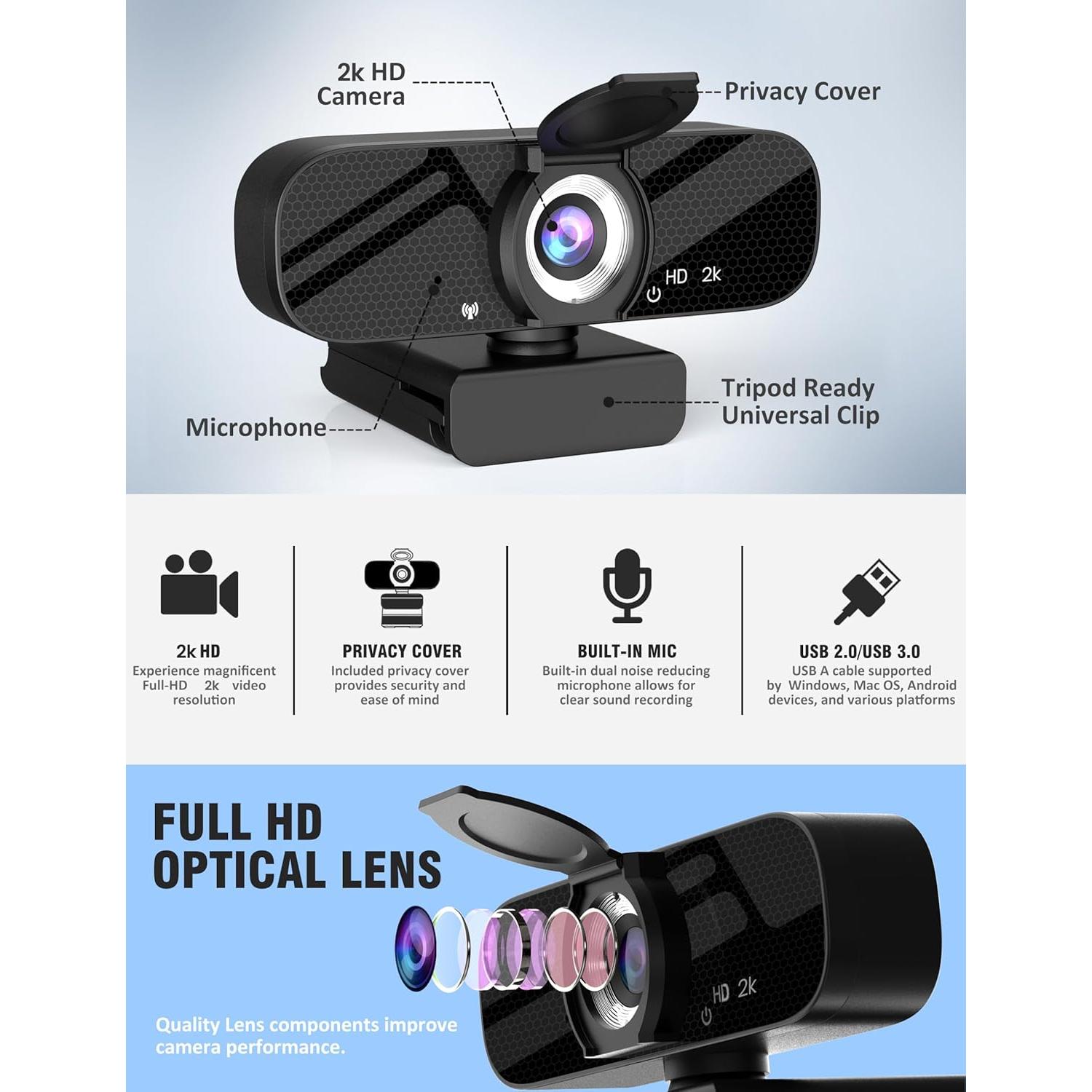 Full HD Webcam with Built-in Microphone and Rotatable Tripod, 2K Video and Wide Angle Camera, Privacy Cover, for Desktop PC or Laptop Computer