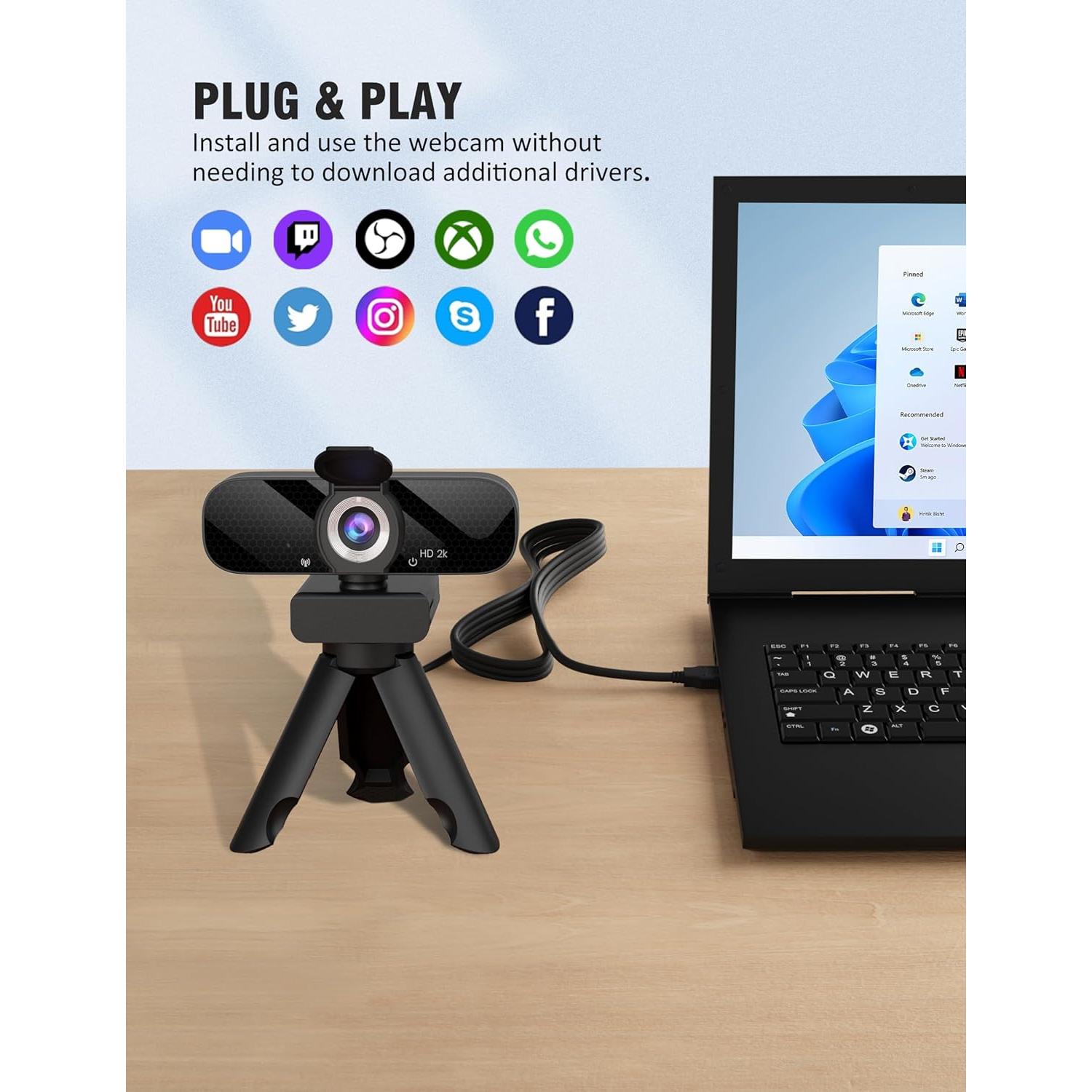 Full HD Webcam with Built-in Microphone and Rotatable Tripod, 2K Video and Wide Angle Camera, Privacy Cover, for Desktop PC or Laptop Computer