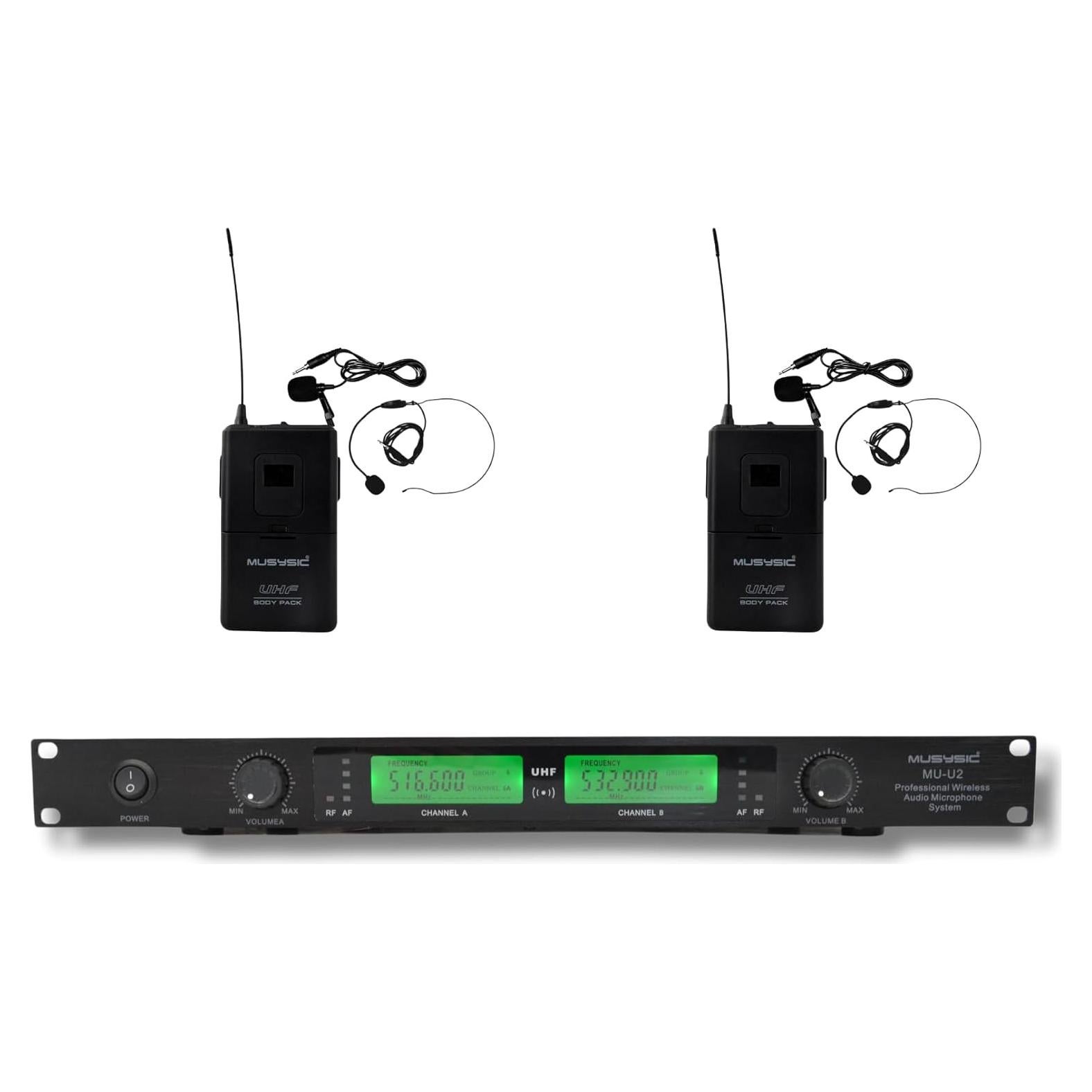 MUSYSIC 2-Channel Professional Wireless UHF Microphone System, 300ft Range Fixed Frequency Bodypack Headset/Lapel Microphones for Singing, Karaoke, Church, DJ