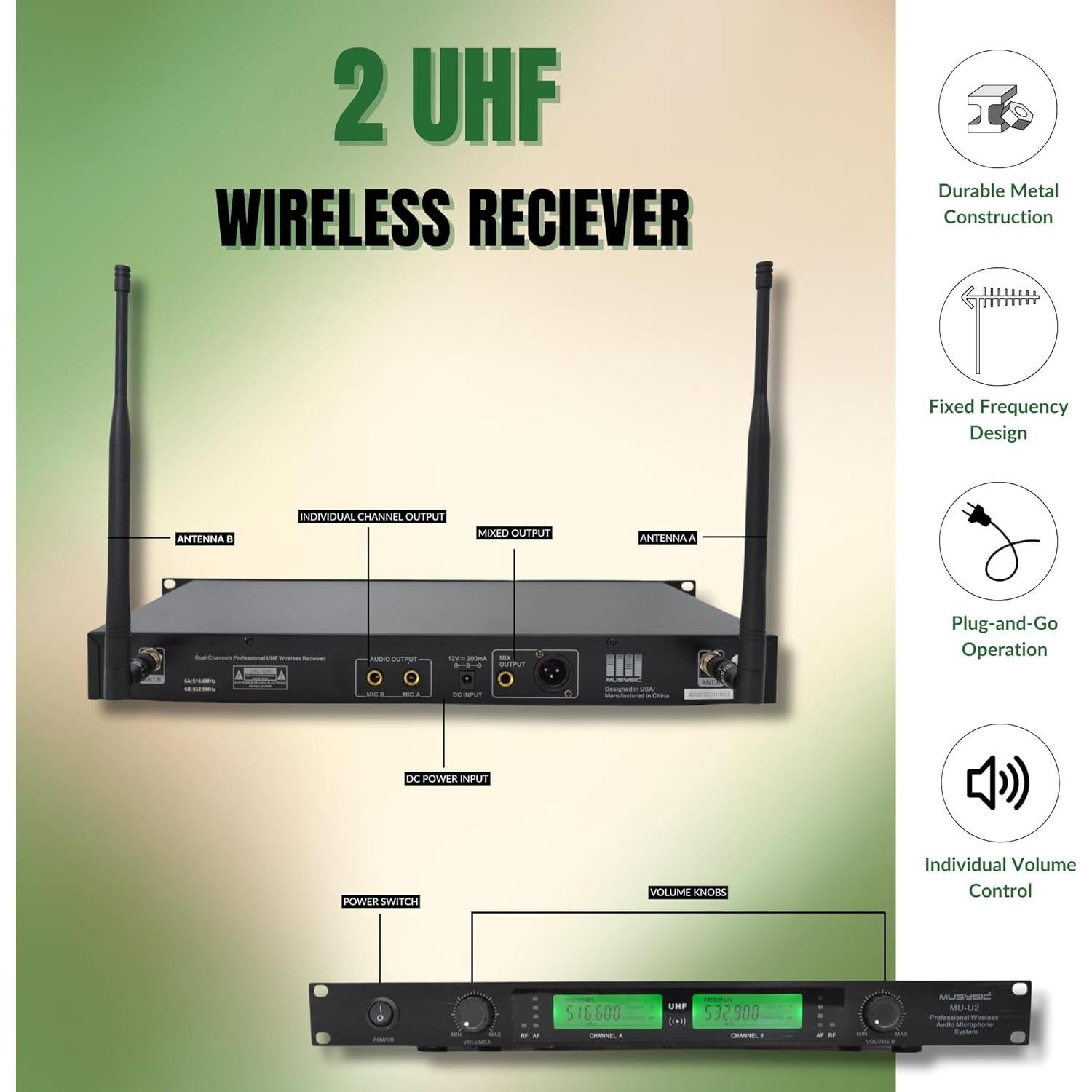 MUSYSIC 2-Channel Professional Wireless UHF Microphone System, 300ft Range Fixed Frequency Bodypack Headset/Lapel Microphones for Singing, Karaoke, Church, DJ