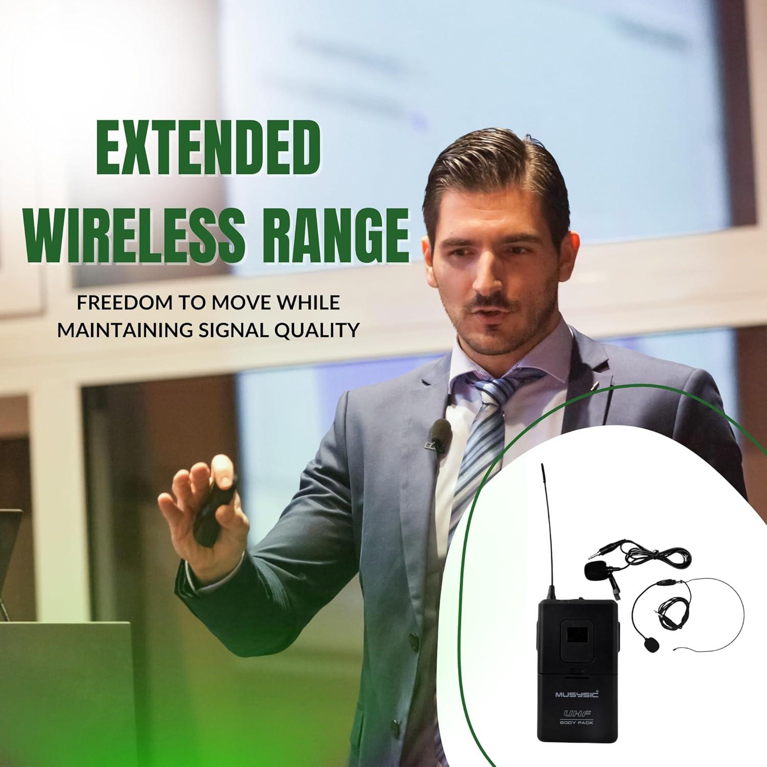 MUSYSIC 2-Channel Professional Wireless UHF Microphone System, 300ft Range Fixed Frequency Bodypack Headset/Lapel Microphones for Singing, Karaoke, Church, DJ