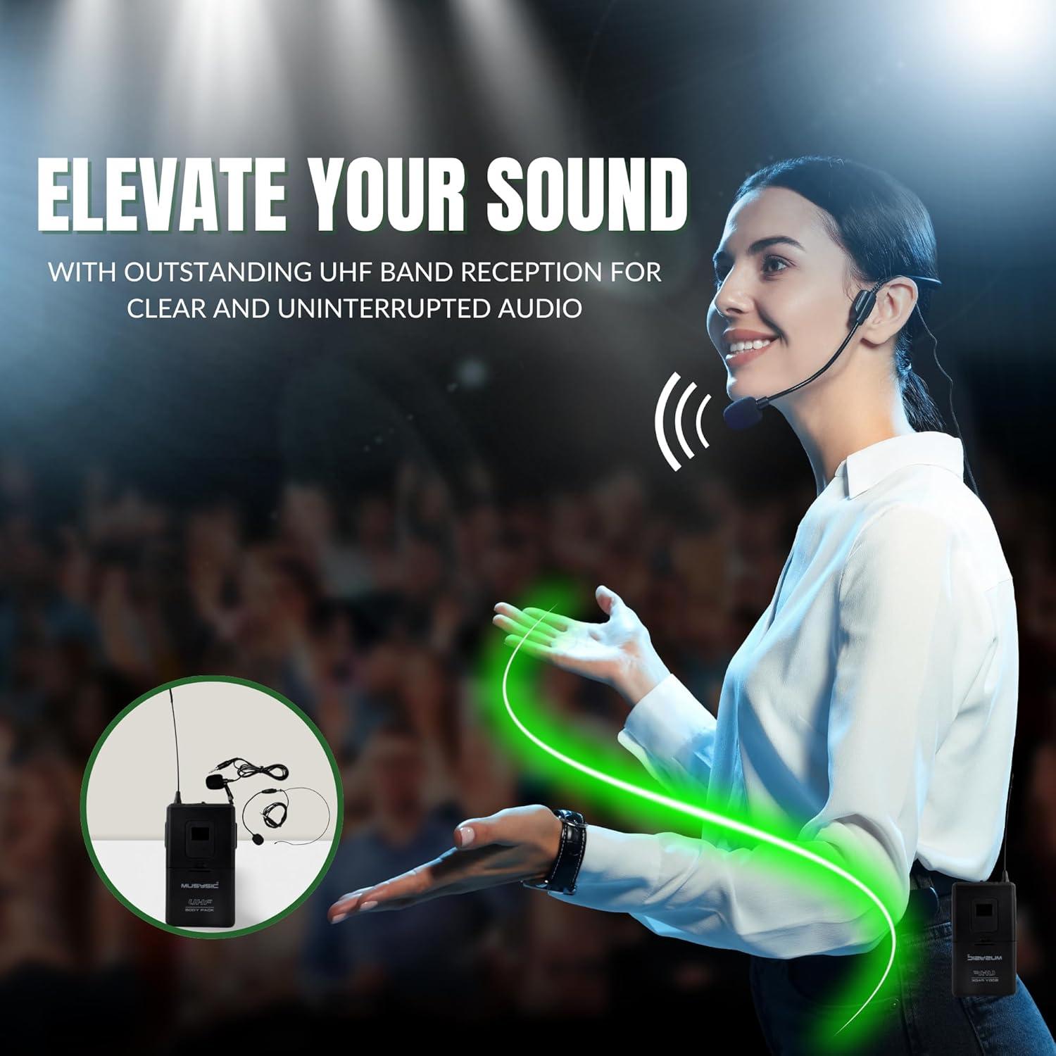 MUSYSIC 2-Channel Professional Wireless UHF Microphone System, 300ft Range Fixed Frequency Bodypack Headset/Lapel Microphones for Singing, Karaoke, Church, DJ