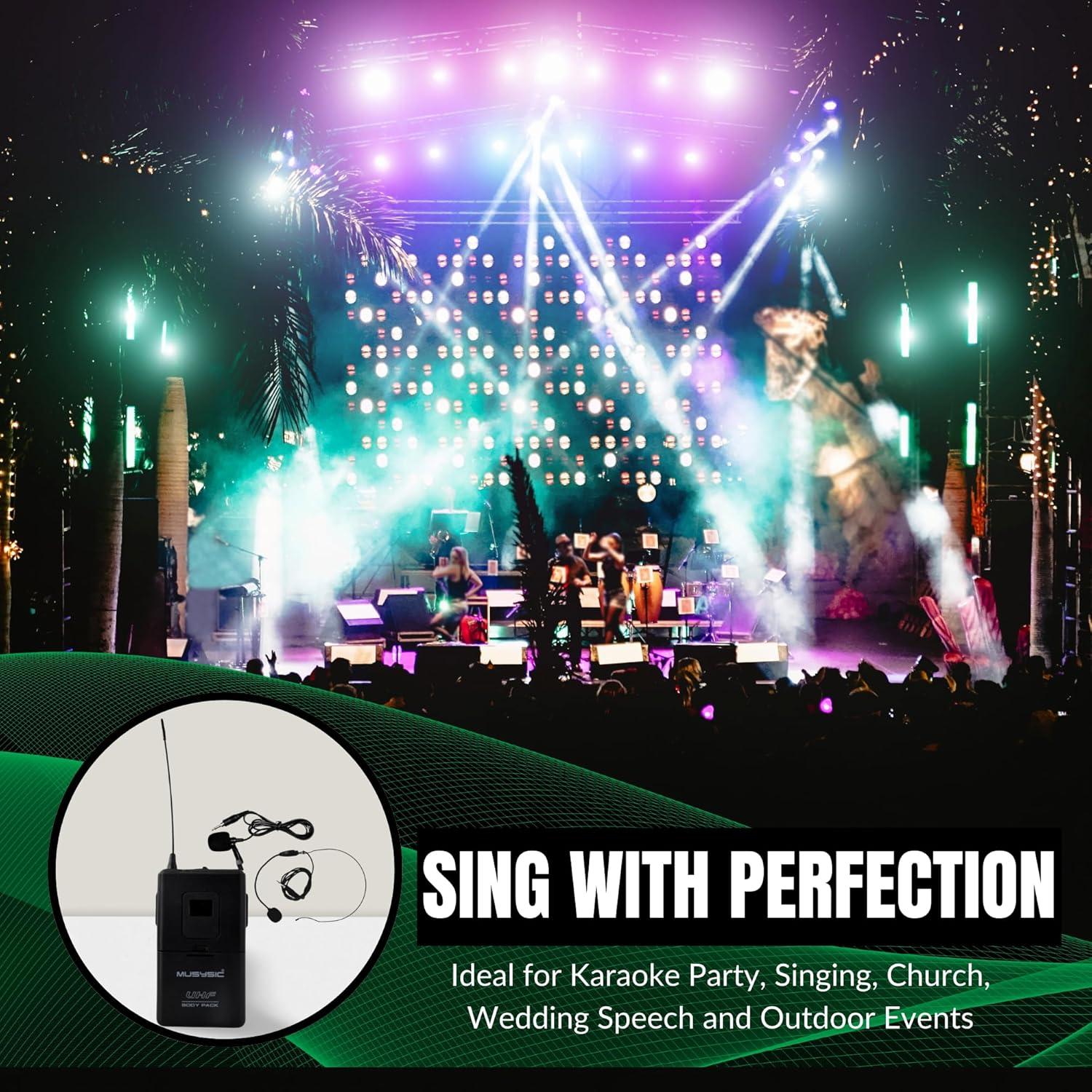 MUSYSIC 2-Channel Professional Wireless UHF Microphone System, 300ft Range Fixed Frequency Bodypack Headset/Lapel Microphones for Singing, Karaoke, Church, DJ