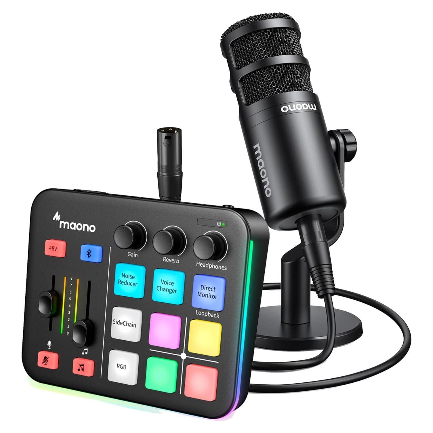 MAONO Gaming Audio Mixer & XLR Dynamic Microphone, Audio Interface with Pro-preamp, RGB, Bluetooth, 48V Phantom Power for Live Streaming, Podcasting, Content Create, Gaming