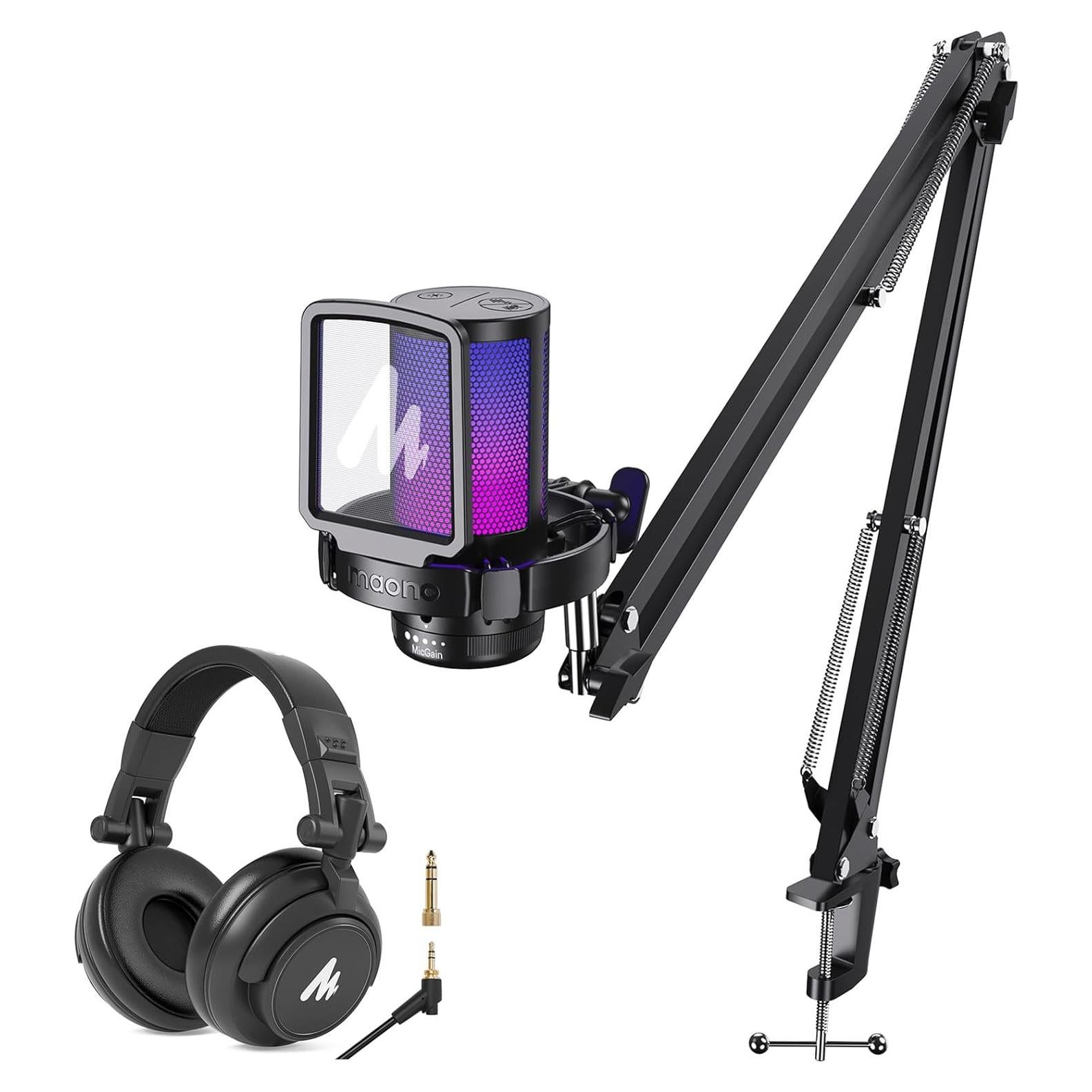 MAONO Gaming USB Microphone with Headphones, Noise Cancellation Condenser mic with Mute, Gain, Monitoring for Streaming, Podcast, Twitch, YouTube, Discord, PC, Computer, DGM20S, MH601