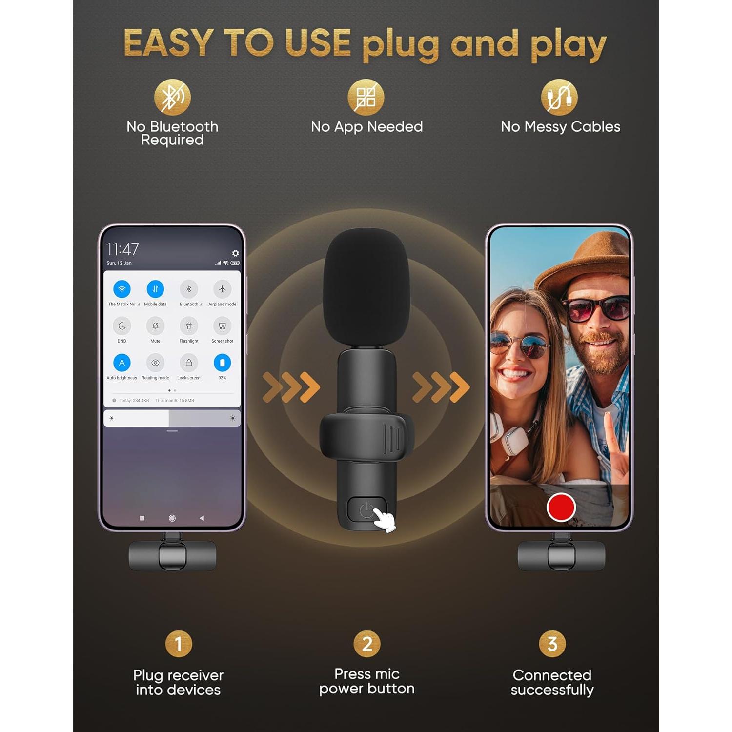 Wireless Lavalier Microphone Compatible with iPhone/iPad/Android Phone/Laptop, IUMAKEVP Plug-Play Lapel Clip-On Mic with Noise Reduction for Video Recording/Live Steam/Interview/TikTok/YouTube(2 Mics)