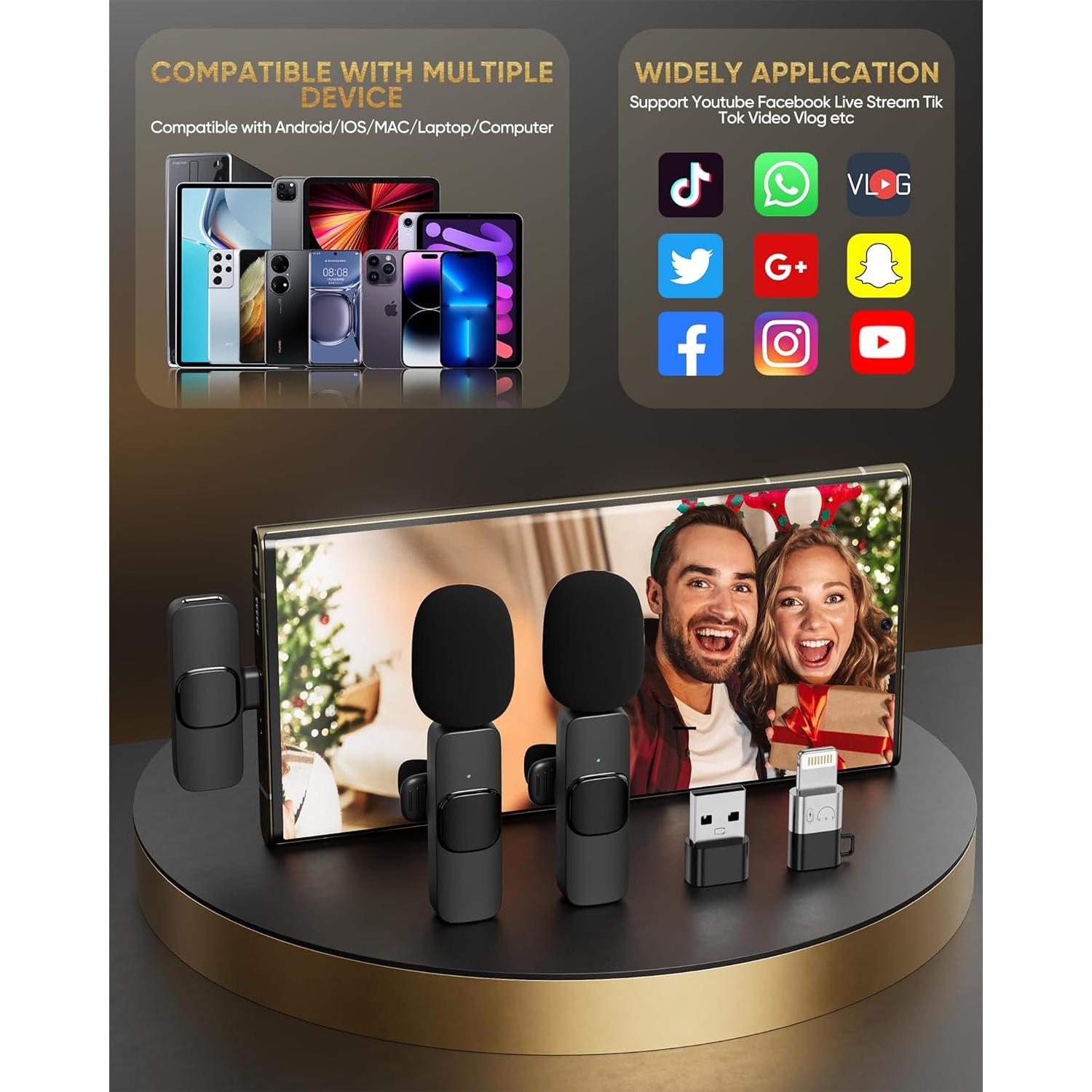 Wireless Lavalier Microphone Compatible with iPhone/iPad/Android Phone/Laptop, IUMAKEVP Plug-Play Lapel Clip-On Mic with Noise Reduction for Video Recording/Live Steam/Interview/TikTok/YouTube(2 Mics)