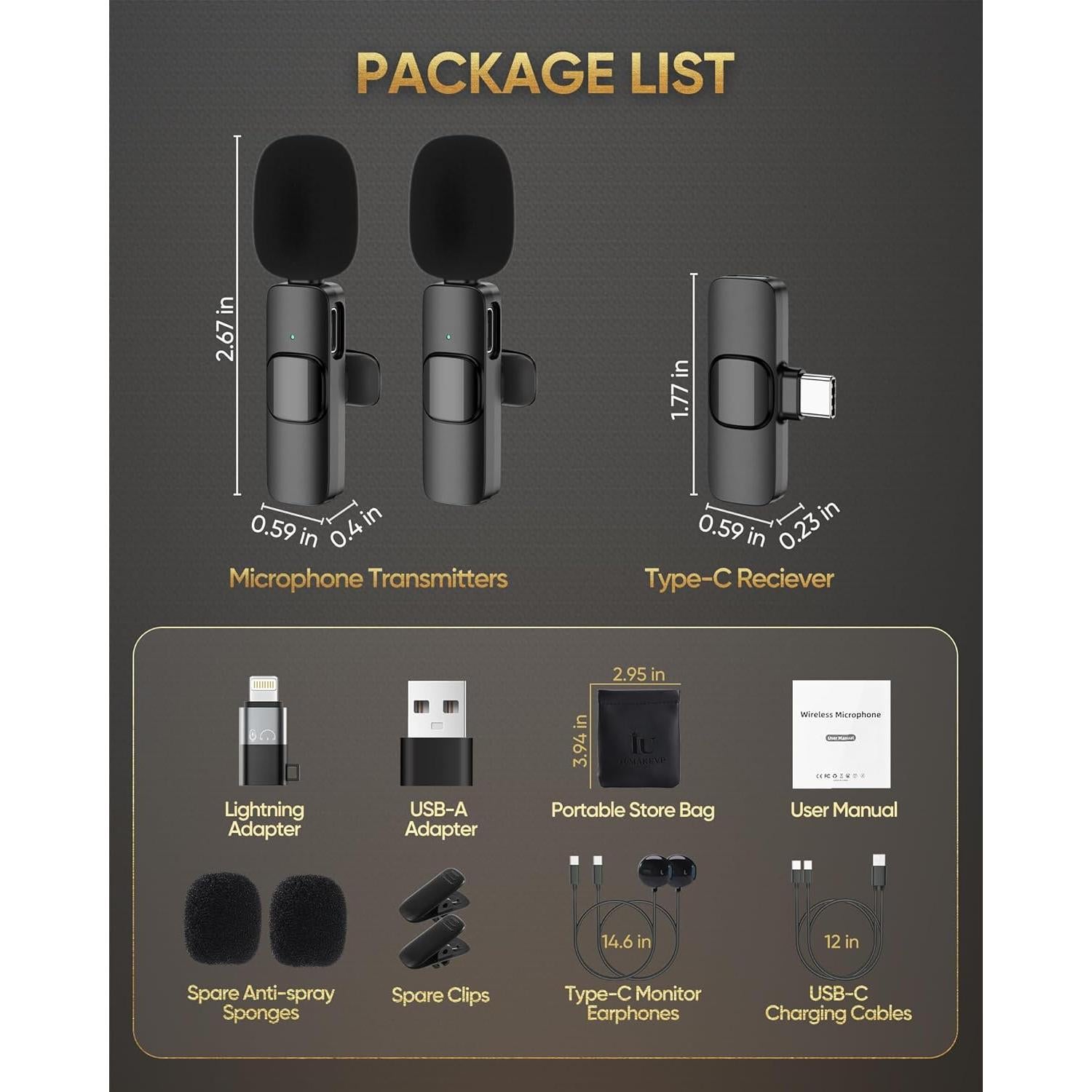 Wireless Lavalier Microphone Compatible with iPhone/iPad/Android Phone/Laptop, IUMAKEVP Plug-Play Lapel Clip-On Mic with Noise Reduction for Video Recording/Live Steam/Interview/TikTok/YouTube(2 Mics)