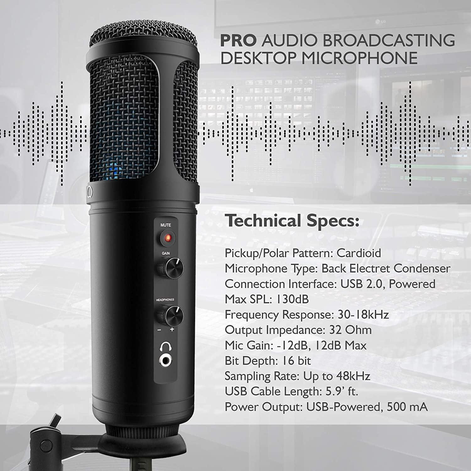 Micrófono de Condensador USB Pyle PDMIUSB50.3 con Soporte