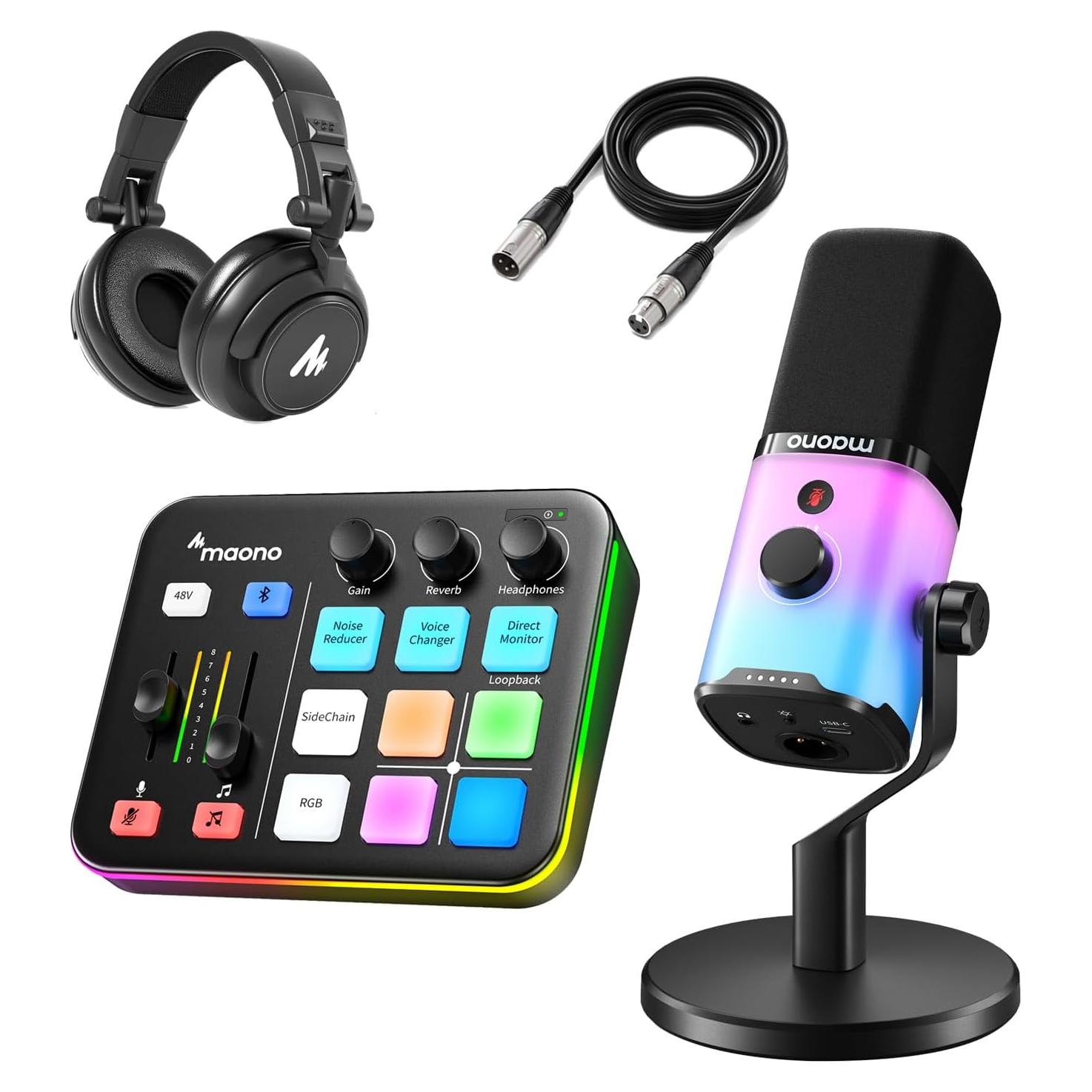 Paquete de Micrófono MAONO PD100X + Mezclador G1 NEO + Auriculares MH601