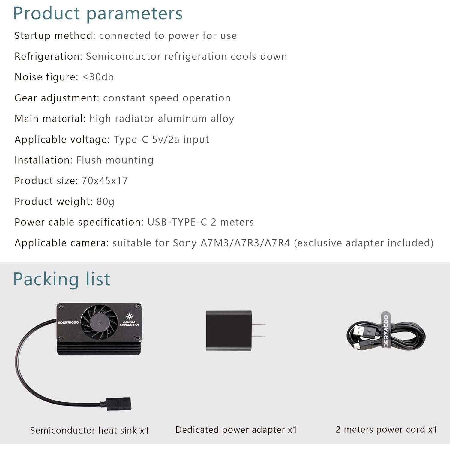 Ventilador de Enfriamiento KOERTACOO para Cámara Sony A7M3/A7R3/A7R4/A1