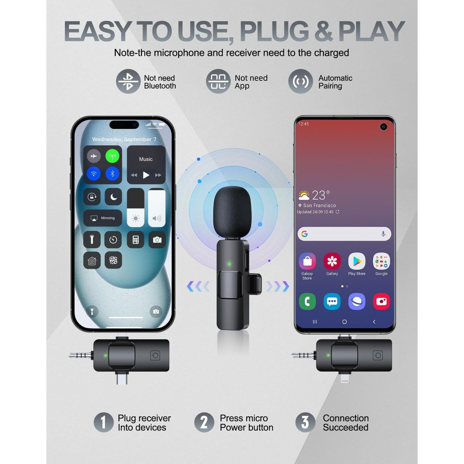 Micrófono Lavalier Inalámbrico PQRQP 3 en 1 para iPhone y Android