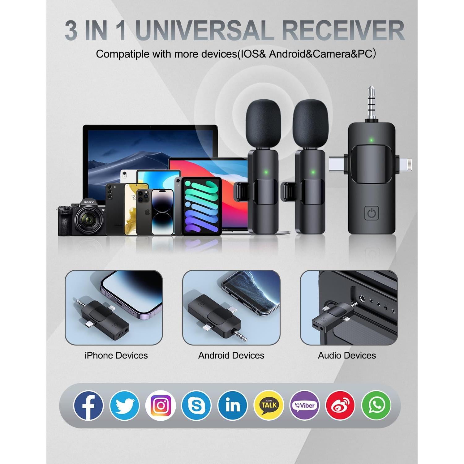 Micrófono Lavalier Inalámbrico PQRQP 3 en 1 para iPhone y Android