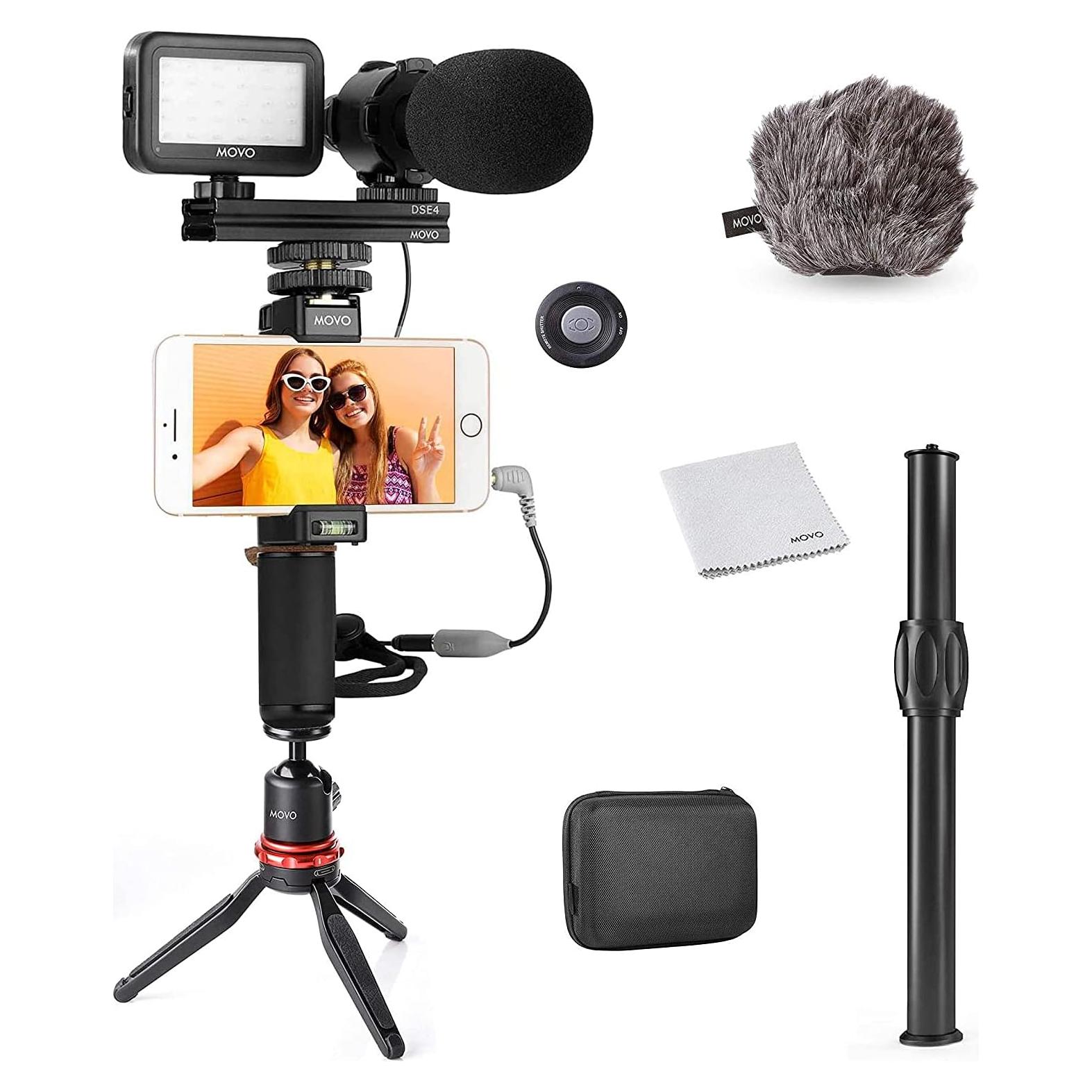 Kit de Vlogging Movo V7+ para iPhone y Samsung con Micrófono y Luz LED