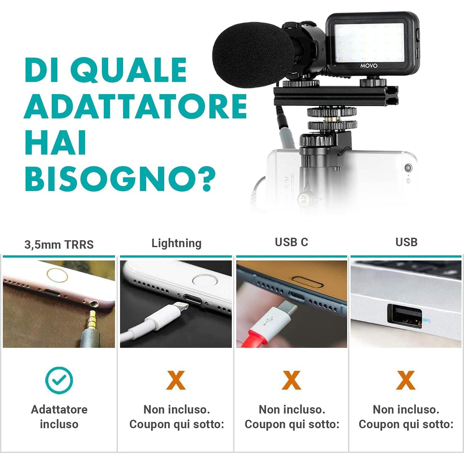 Kit de Vlogging Movo V7+ para iPhone y Samsung con Micrófono y Luz LED