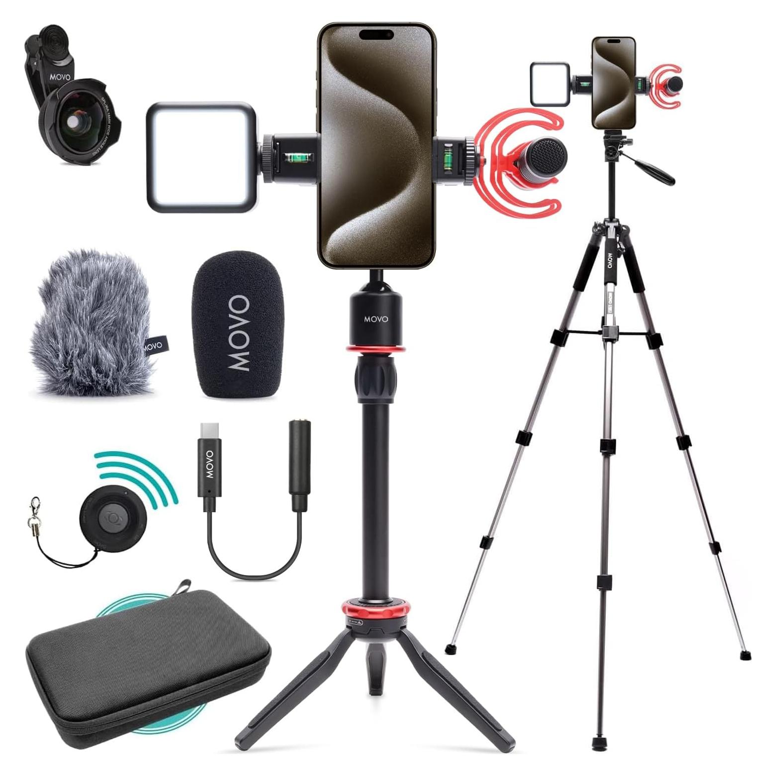 Kit de Vlogging Movo iVlog1-IP para iPhone 15/16 - Micrófono, Trípode, Luz LED