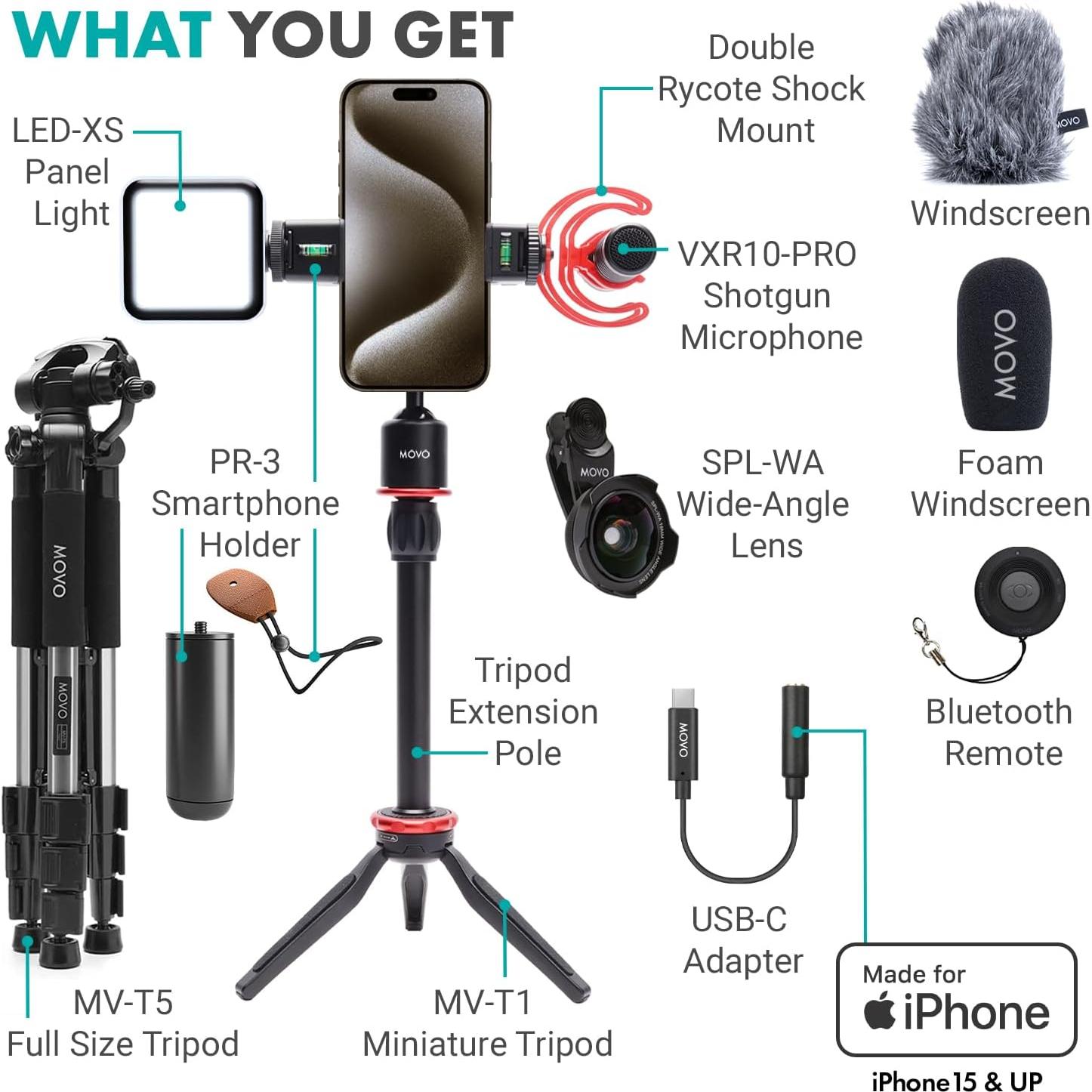 Kit de Vlogging Movo iVlog1-IP para iPhone 15/16 - Micrófono, Trípode, Luz LED