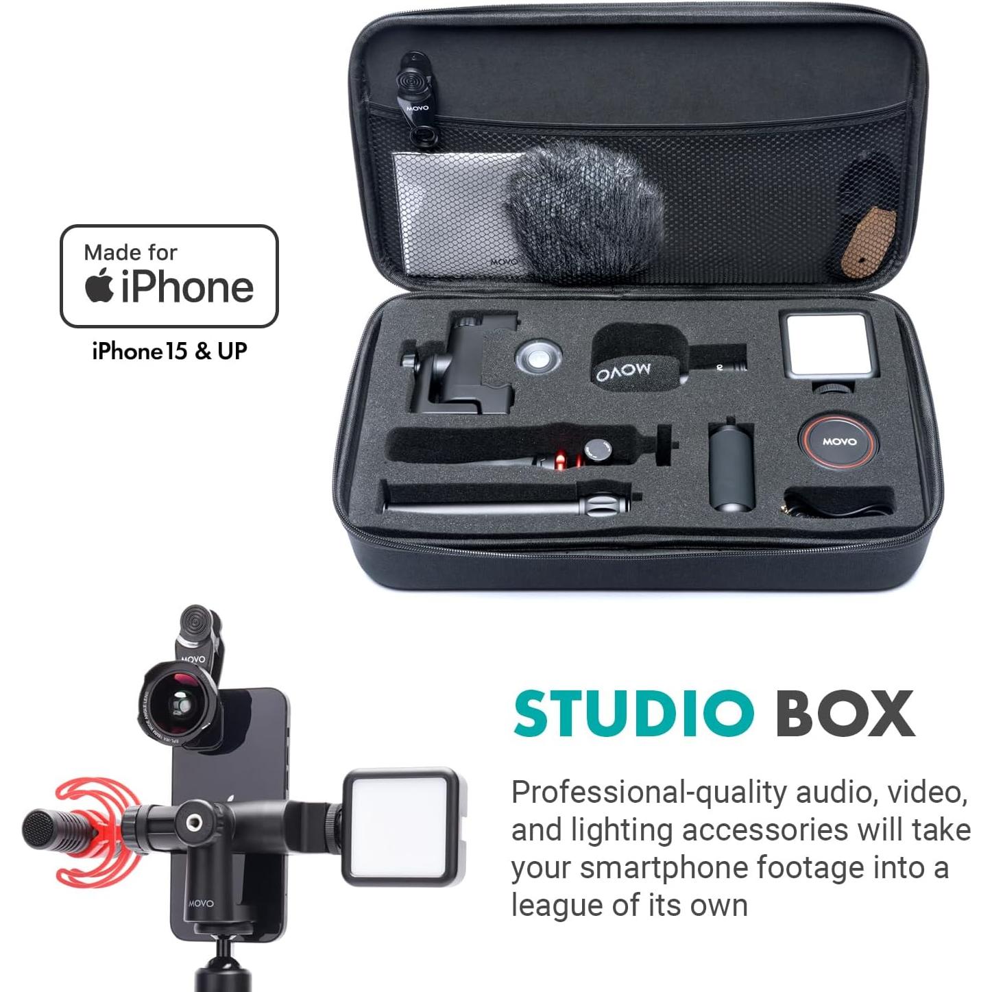 Kit de Vlogging Movo iVlog1-IP para iPhone 15/16 - Micrófono, Trípode, Luz LED