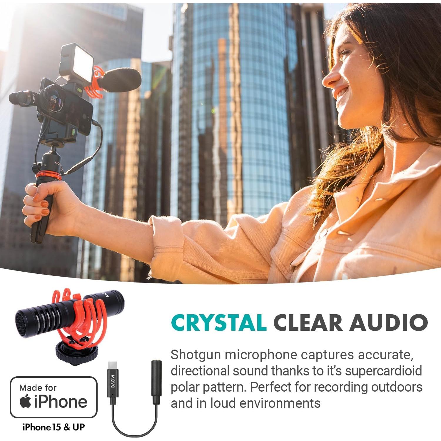 Kit de Vlogging Movo iVlog1-IP para iPhone 15/16 - Micrófono, Trípode, Luz LED