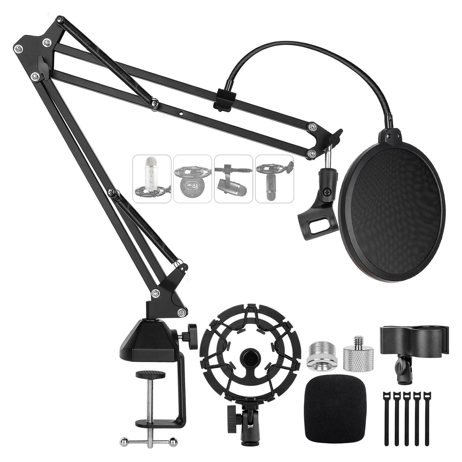 Microphone Stand for Blue Yeti Upgraded Mic Boom Arm Desk Mount for Hyperx Quadcast Blue Yeti Pro X Snowball with Top Grade Shock Mount, Pop Filter,Windscreen,Mic Holder for Broadcasting Game