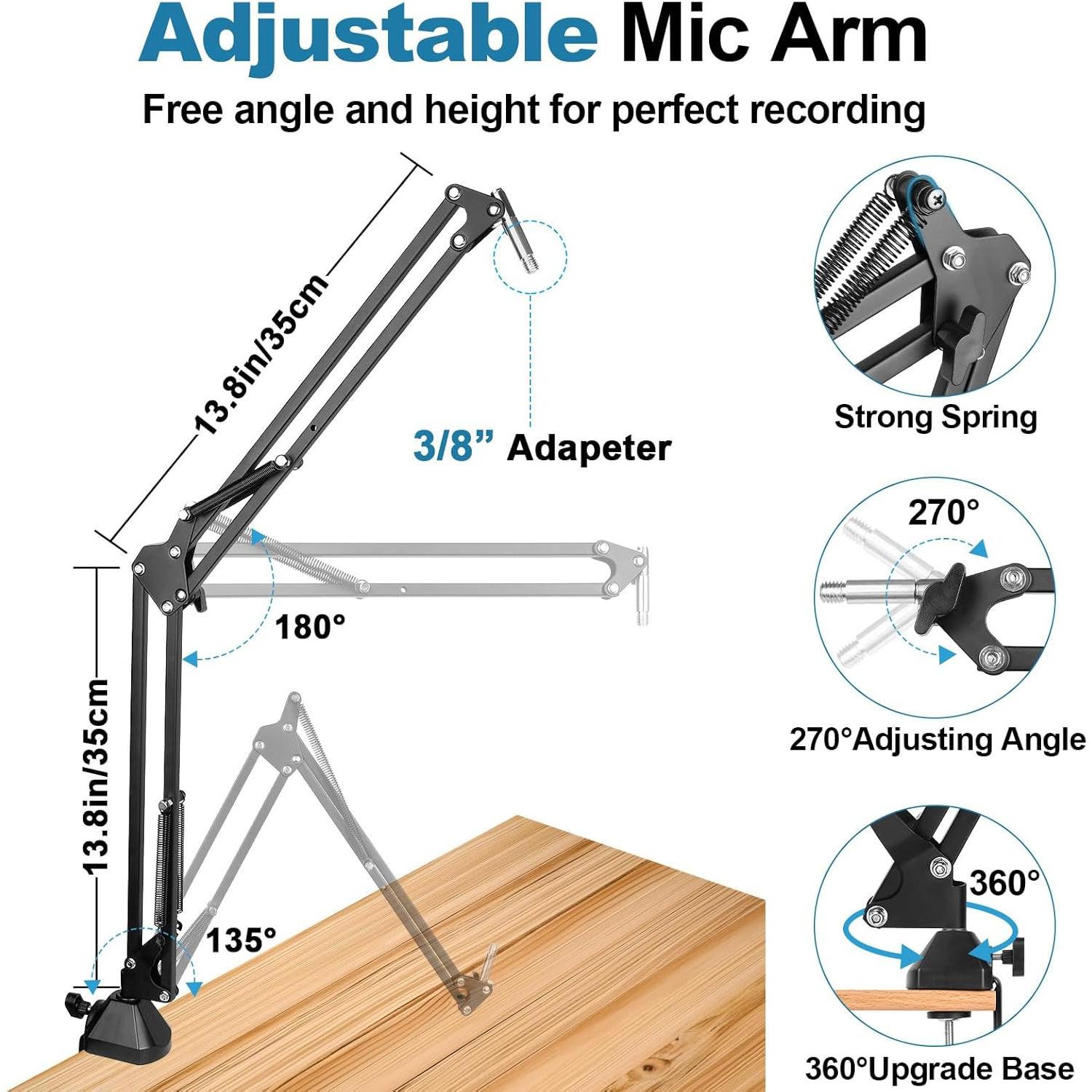 Microphone Stand for Blue Yeti Upgraded Mic Boom Arm Desk Mount for Hyperx Quadcast Blue Yeti Pro X Snowball with Top Grade Shock Mount, Pop Filter,Windscreen,Mic Holder for Broadcasting Game