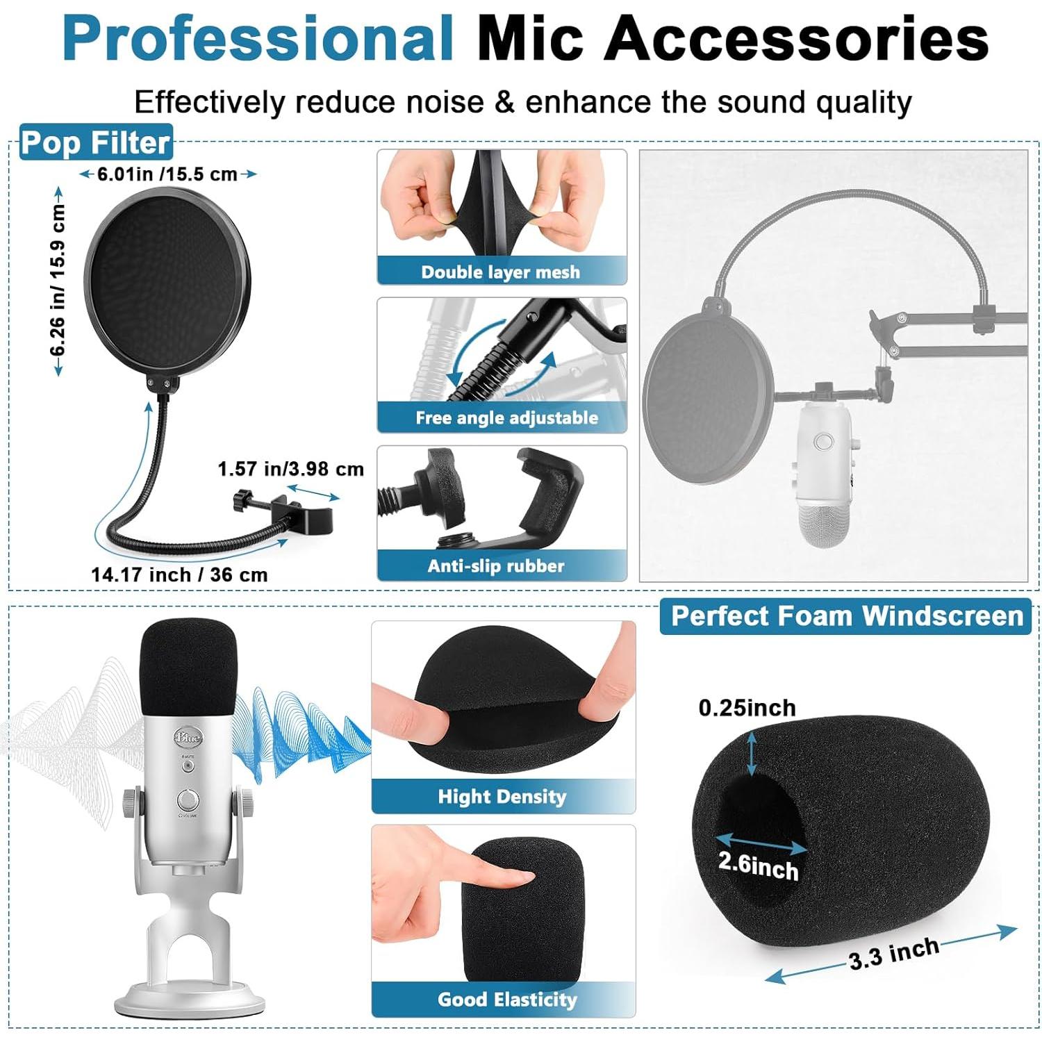 Microphone Stand for Blue Yeti Upgraded Mic Boom Arm Desk Mount for Hyperx Quadcast Blue Yeti Pro X Snowball with Top Grade Shock Mount, Pop Filter,Windscreen,Mic Holder for Broadcasting Game